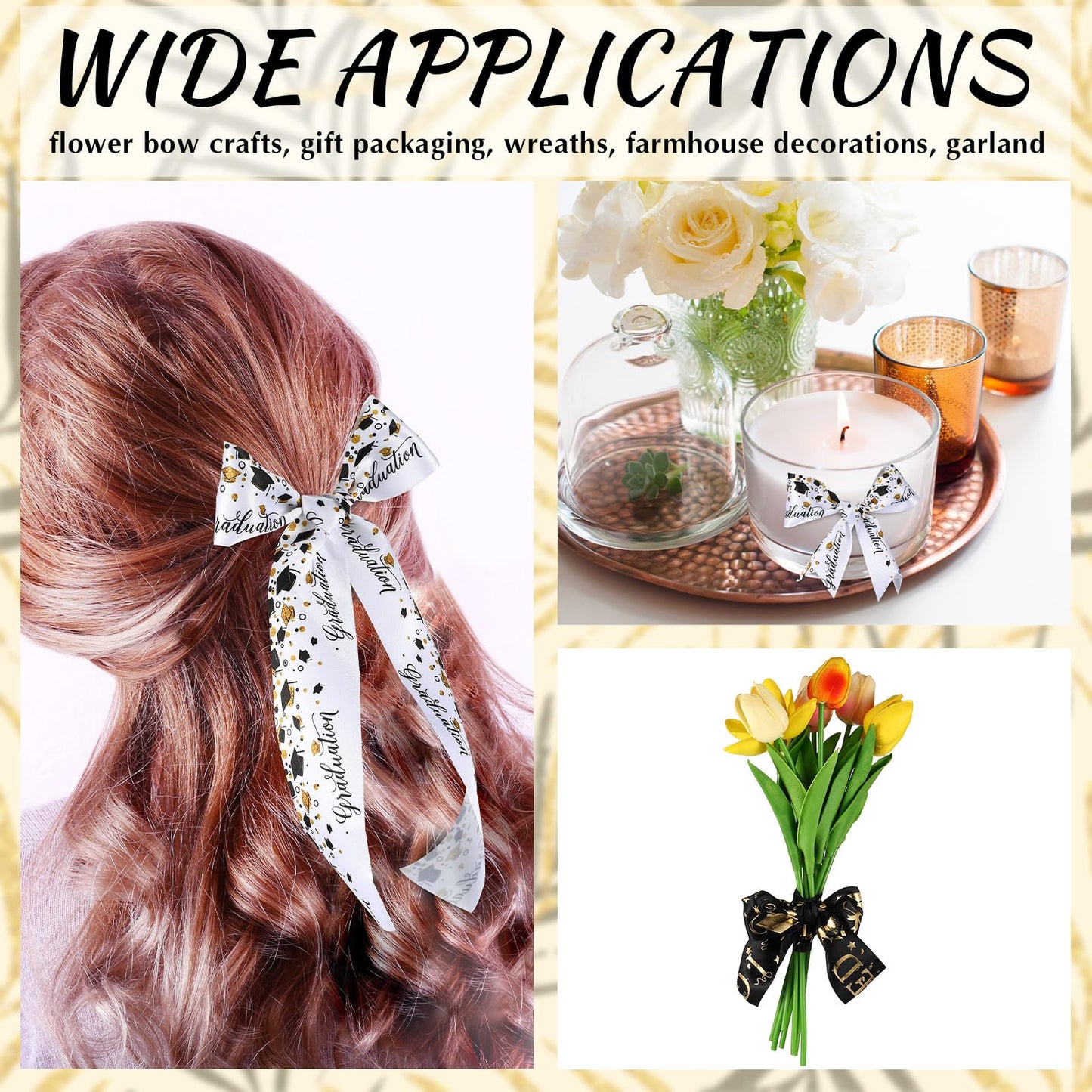 WILLBOND 2 Rolls Class of 2026 Graduation Craft Ribbons 7/8 Inch x 10 Yards Congrats Grad Black White Gold Satin Ribbon for Graduation Party Favors Ribbon for Wrapping Gifts Headband Bow