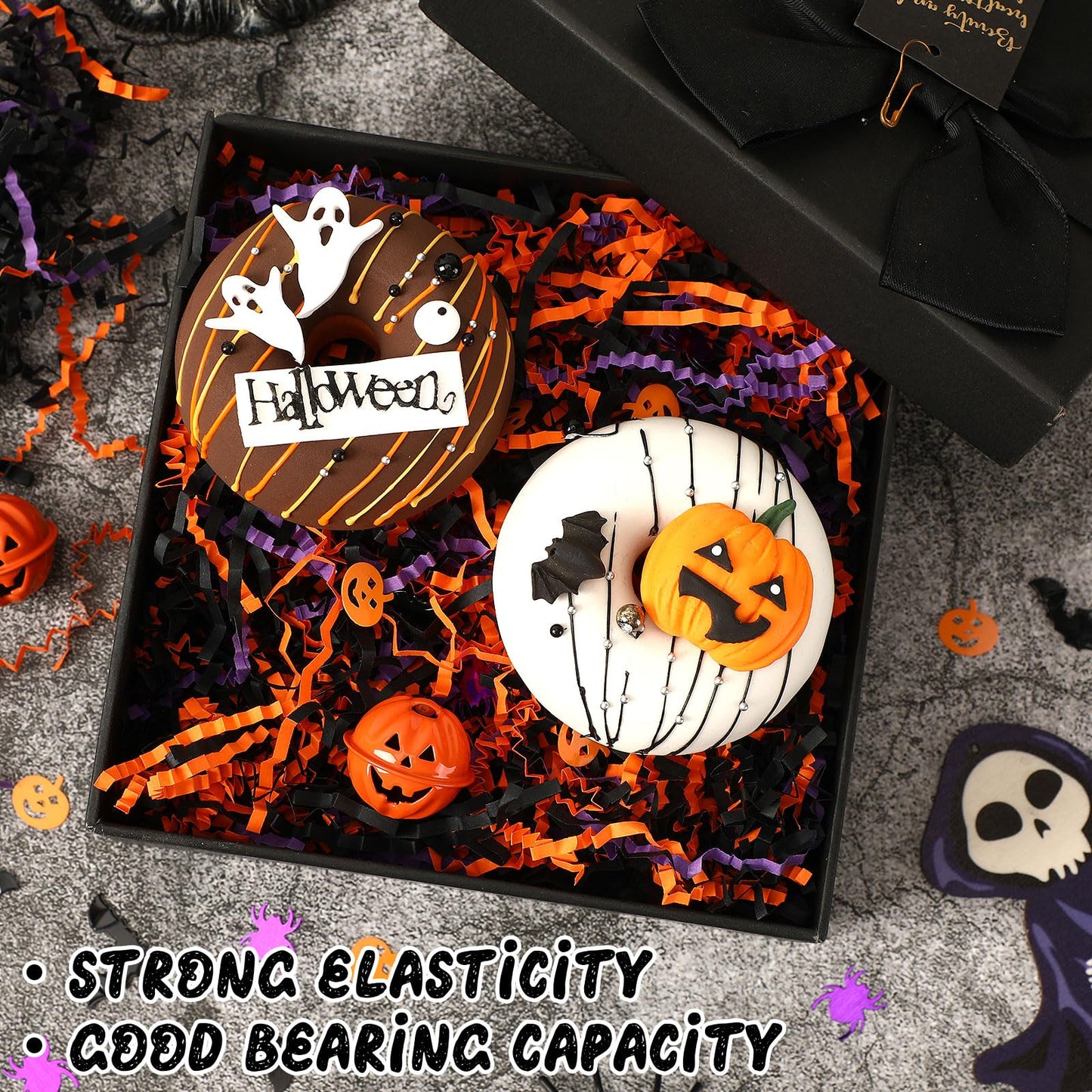 Jansun Halloween Black Orange Purple Crinkle Cut Paper and Confetti, 453g/16oz Shred Filler with Pumpkin Spider Bat Confetti for Gift Wrapping Craft DIY Basket Filling Trick or Treat Candy Decorations