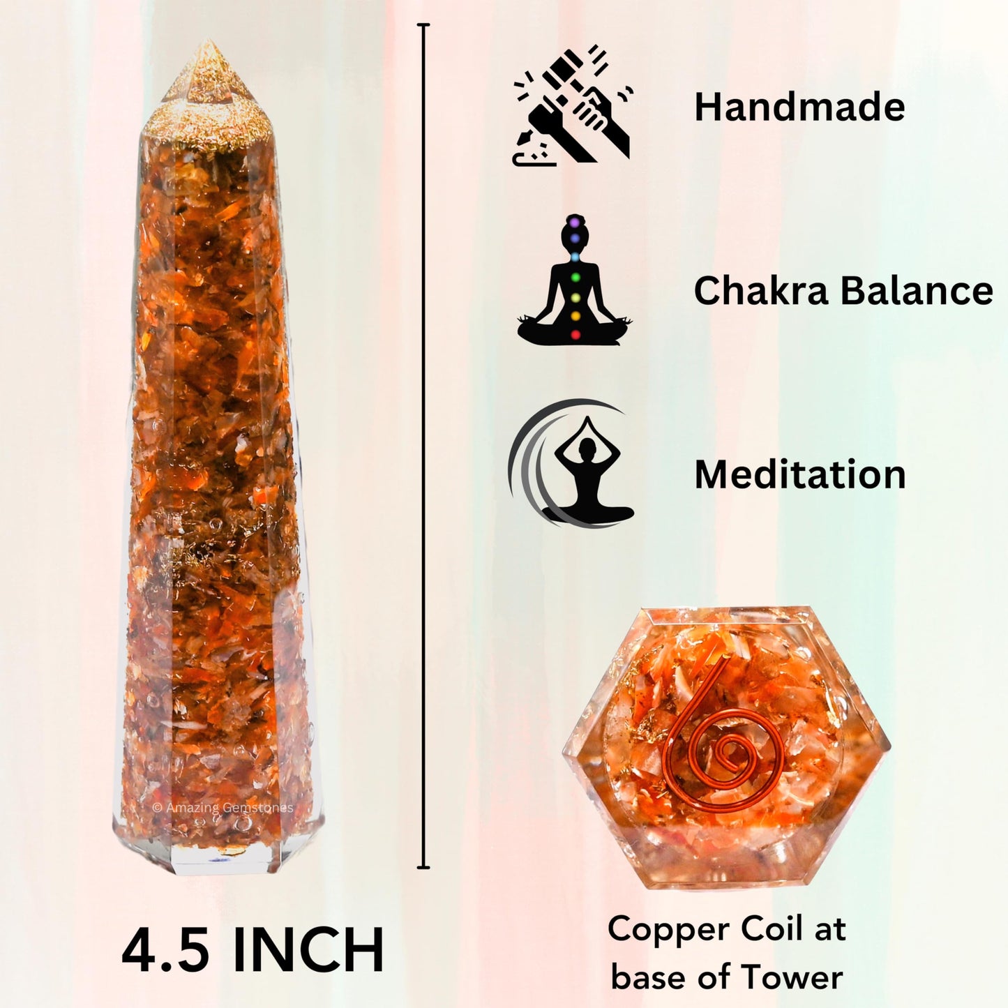 Amazing Gemstone Carnelian Orgonite Orgone Crystal Towers - Large 4.5" Orgonite Crystal Wand Obelisk Tower Point for Meditation, Crystals and Healing Stones Gift and Protection