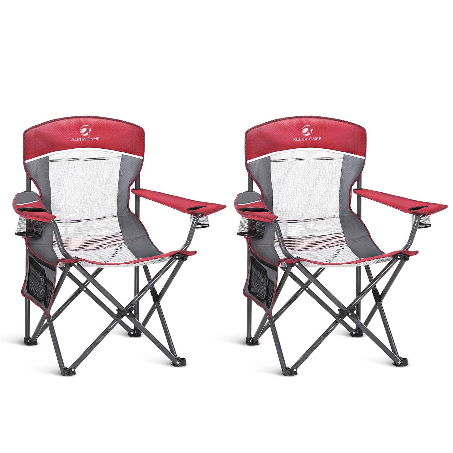 ALPHA CAMP 2PC Oversized Mesh Back Camping Folding Chair Heavy Duty Support 350 LBS Collapsible Steel Frame Quad Chair Padded Arm Chair with Cup Holder Portable for Outdoor (Red-2PC)