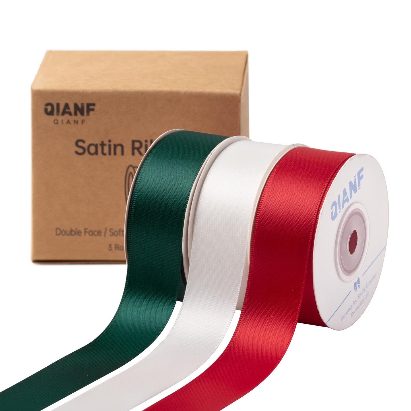 QIANF Red/Dark Green/White Double Face Satin Ribbon 1 Inch x 45 Yards Fabric Ribbon for Gift Wrapping, Flower Bouquets, Hair Bows Making, Wedding Decoration, Christmas (3 Rolls *15Yd)