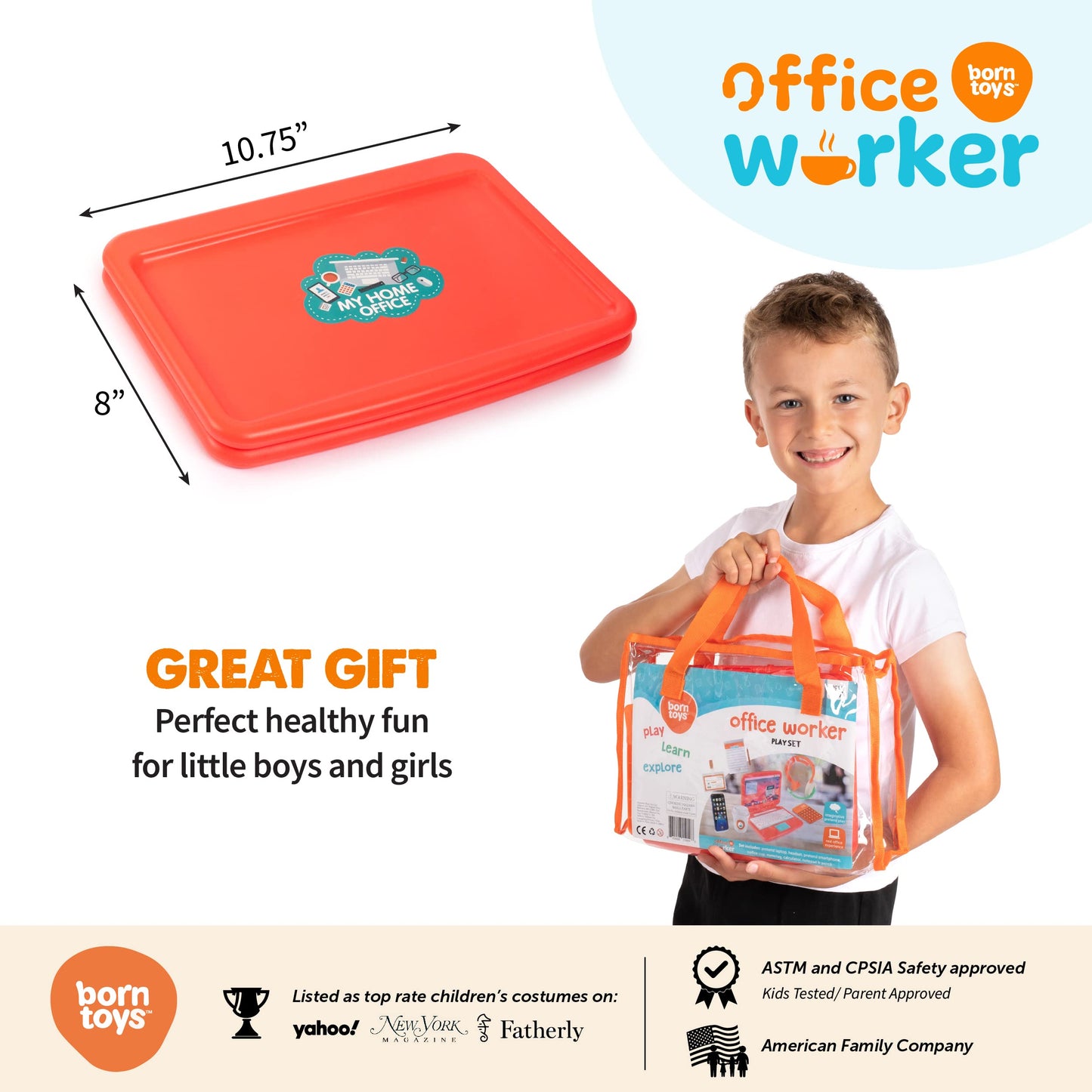 Born Toys Office Toddler Pretend Play Sets for Kids Ages 3+, Imaginative Pretend Play Set for Boys & Girls, 9-Piece Work Pretend Play Toys with Toy Laptop, Pretend Headset, Toy Phone, Gift Ready Bag