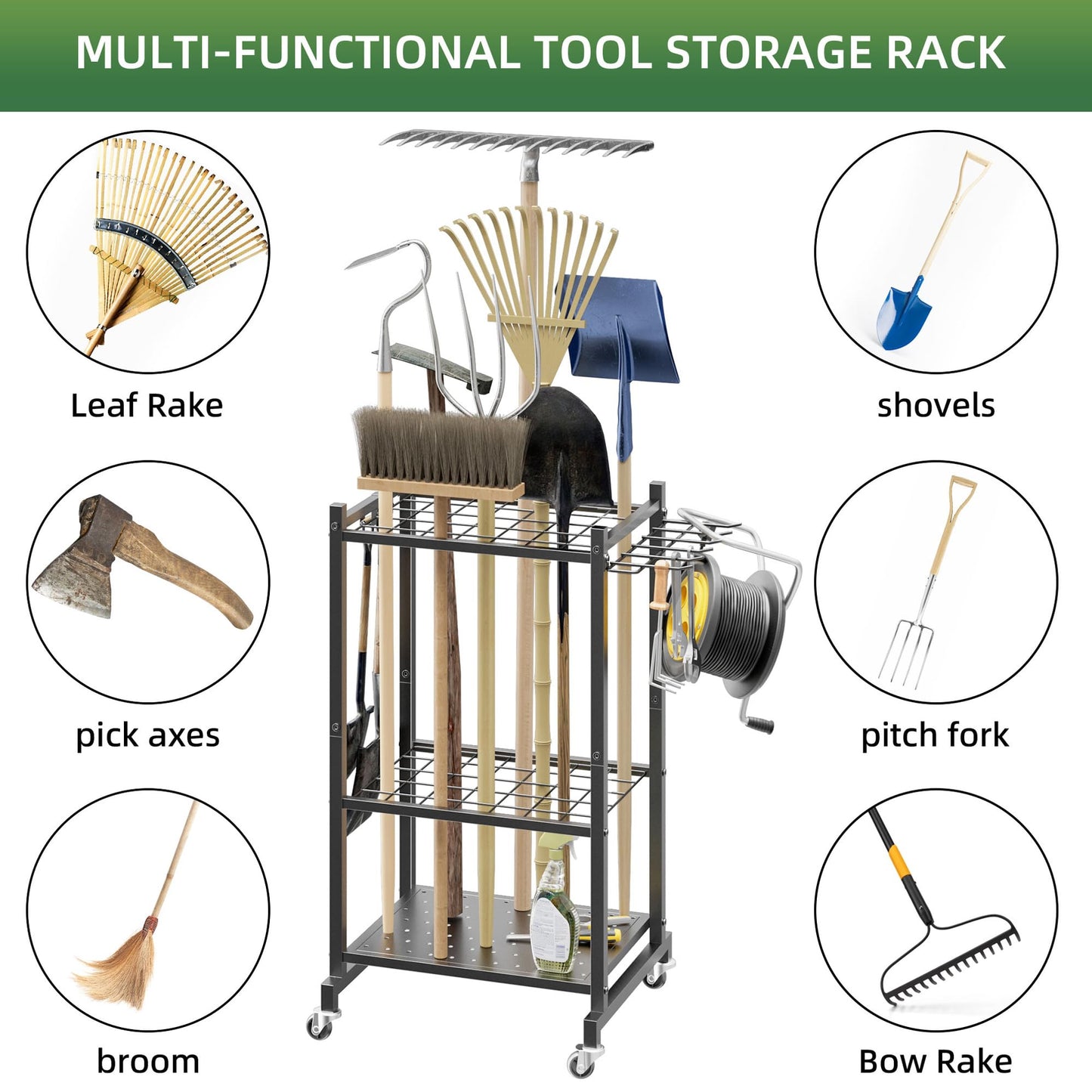 LAKEMID Garden Tool Organizer Stand with Wheels,Yard Tool Organizer for Garage with 2 Hooks, Rack Up to 42 Tools,Broom Holder & Garden Tool Rack for Shed, Patio, Outdoor Use