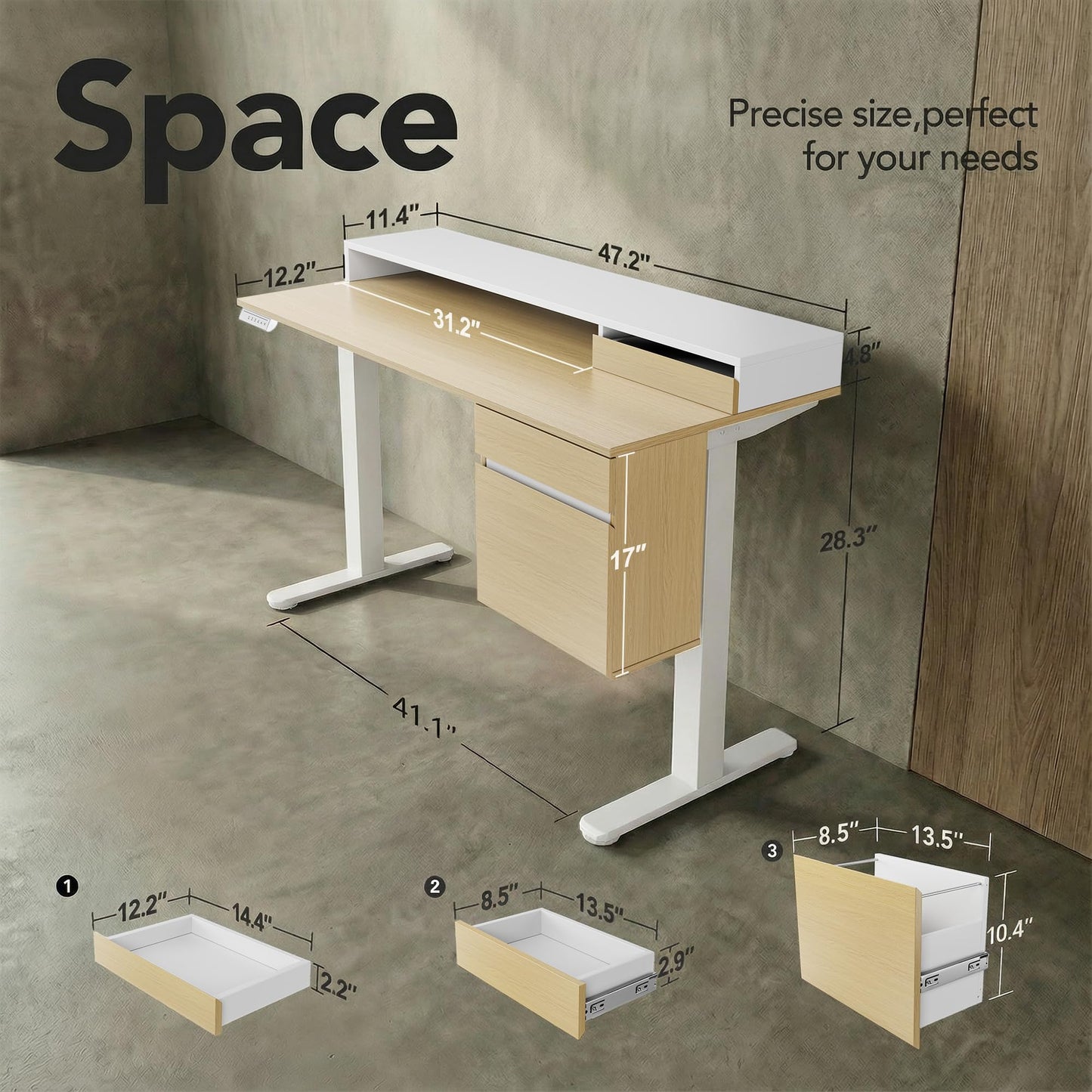 ErGear Electric 47 inch Standing Desk with Drawers and File Cabinet, Adjustable Stand up Desk with Storage, Ergonomic Sit Stand up Table Compatible Monitor Stand, Light Walnut