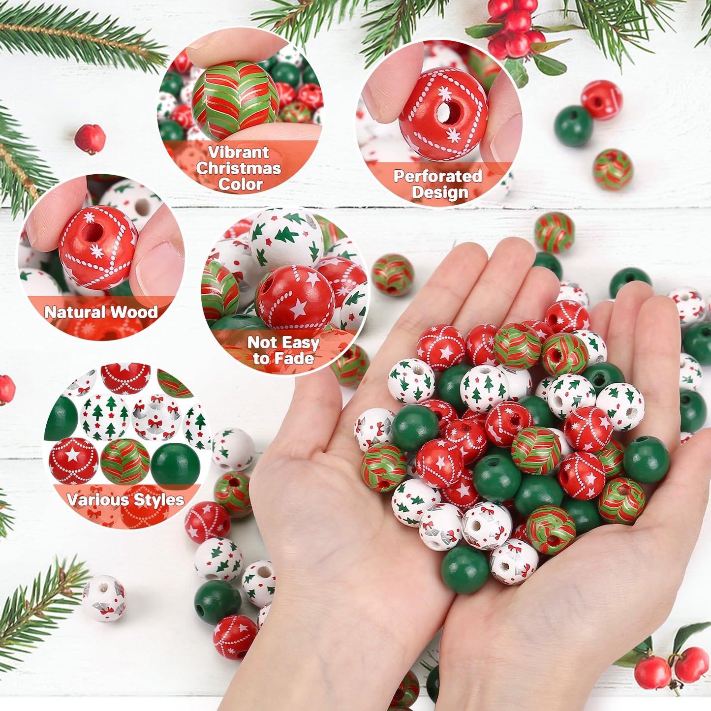 GWHOLE 120PCS Christmas Wood Beads for Crafts, 0.6 Inch Red and Green Christmas Wooden Beads with 65.6 Ft Twine for Xmas Winter Holiday Party Decor Bracelets Necklace DIY Craft