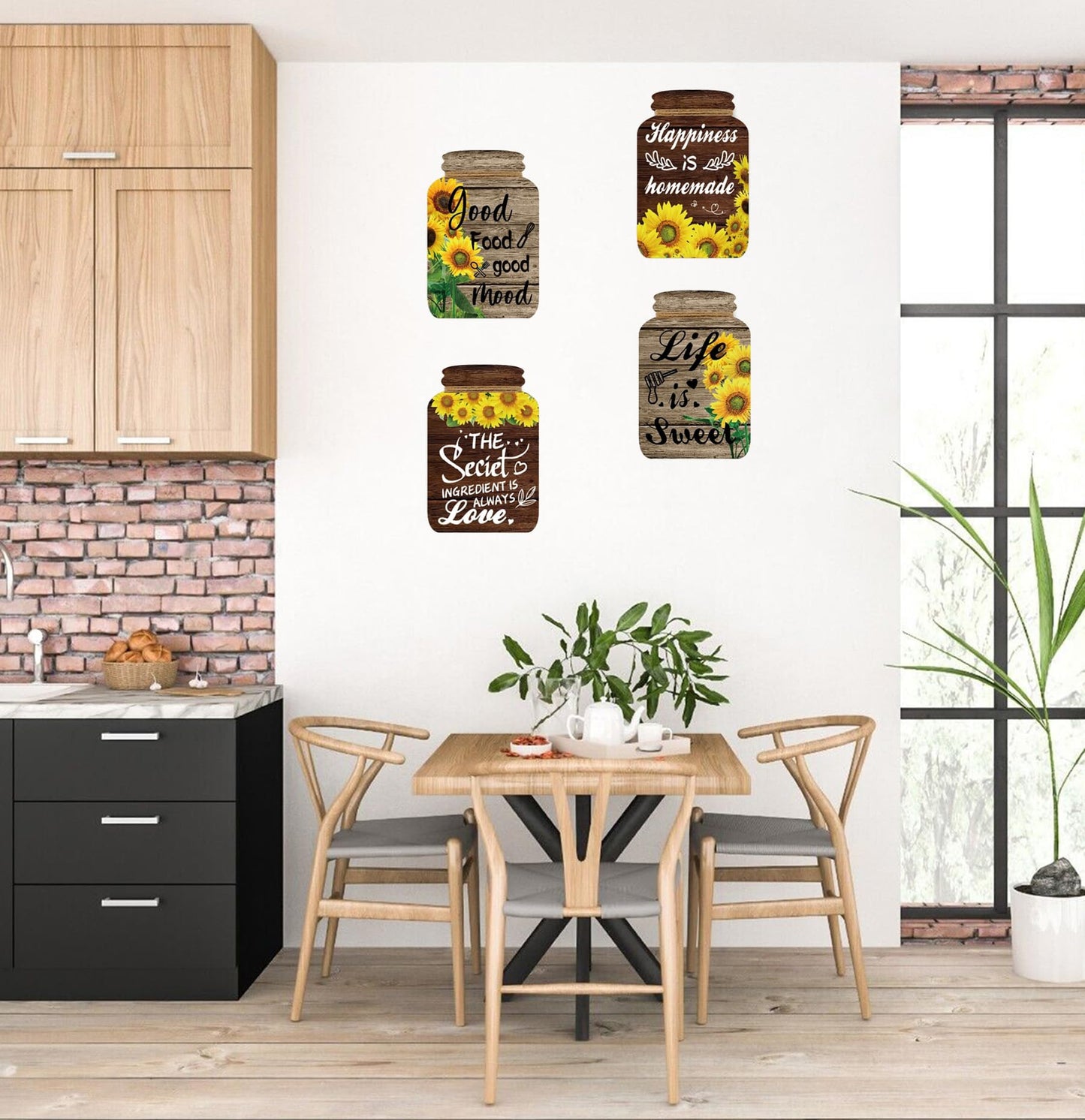 4 Pieces Kitchen Wall Decor Mason Jar Set, Wooden Kitchen Dining Room Signs Country Wall Art Farmhouse Tiered Tray Decor 7.1 * 4.7Inch (Sunflower)