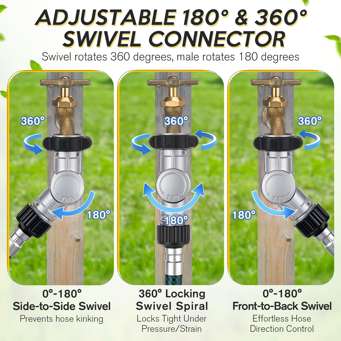 Enhon 180° & 360° Garden Hose Swivel Connector, Garden Hose Connect and Spigot Extender for Outdoor Faucet, Fits Standard 3/4" Water Pipes(Metal & Plastic,Silver,4 Pack)