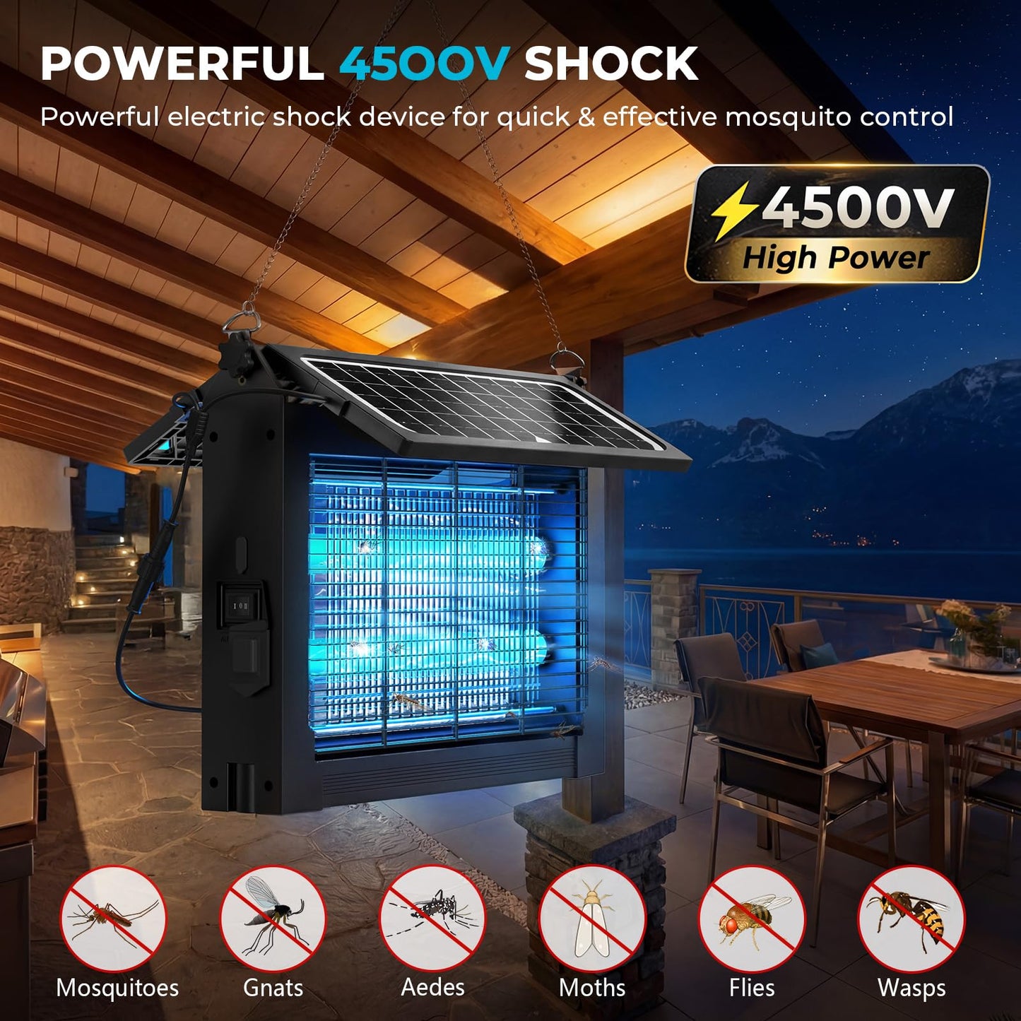 Upgraded Solar Bug Zapper Outdoor with Dual Panels, 4500V Cordless Rechargeable Fly Insect Killer Waterproof Electric Mosquitoes Zapper for Patio Garden Backyard RV Camping Pond