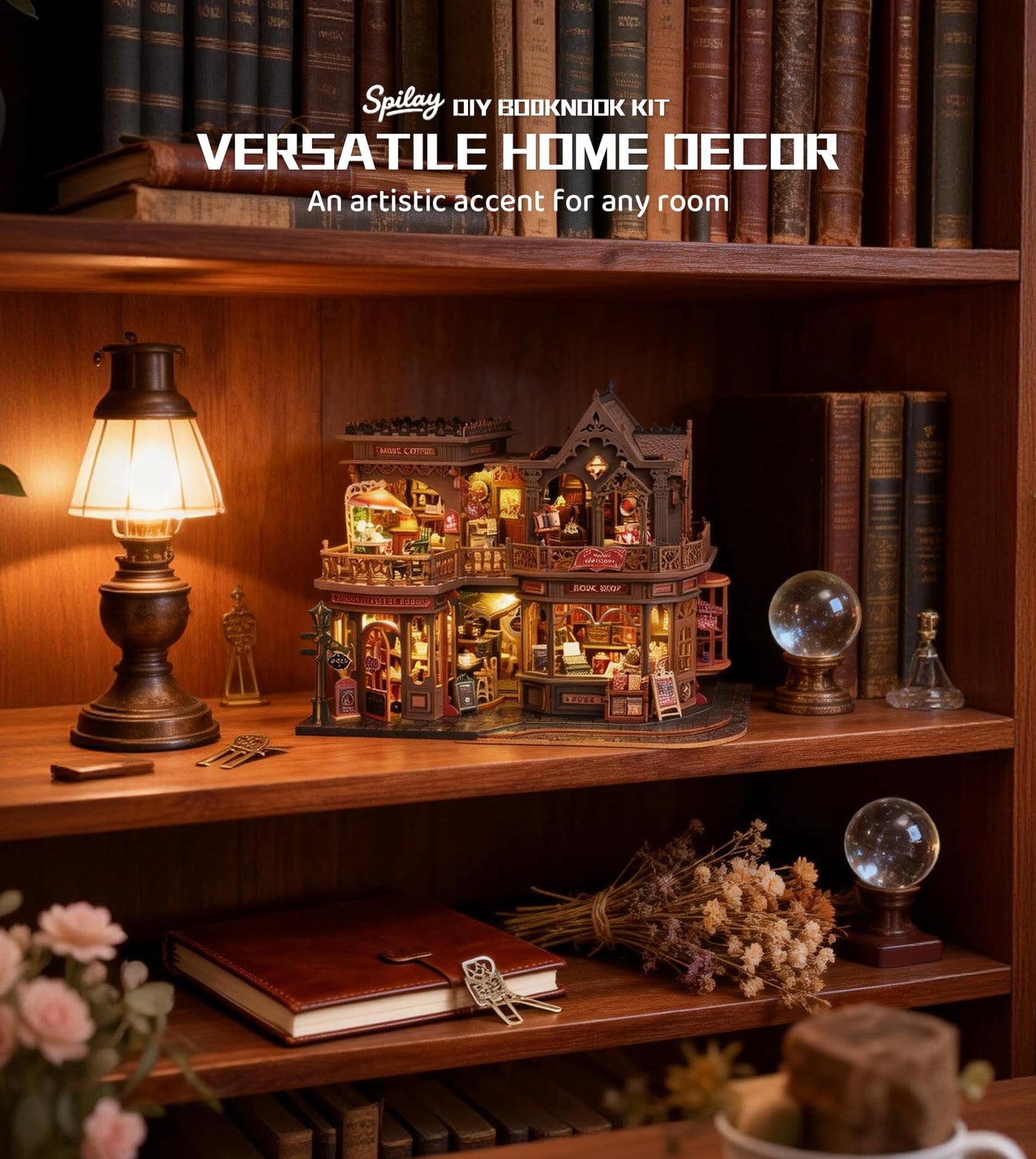 Spilay DIY Miniature House Kit, Miniature Dollhouse Kit with Music Box, Mini House Building Kit Book Nook for Adult, Creative Bookshelf Decoration & Unique Gift (Letter Coffee) (Letter Coffee)