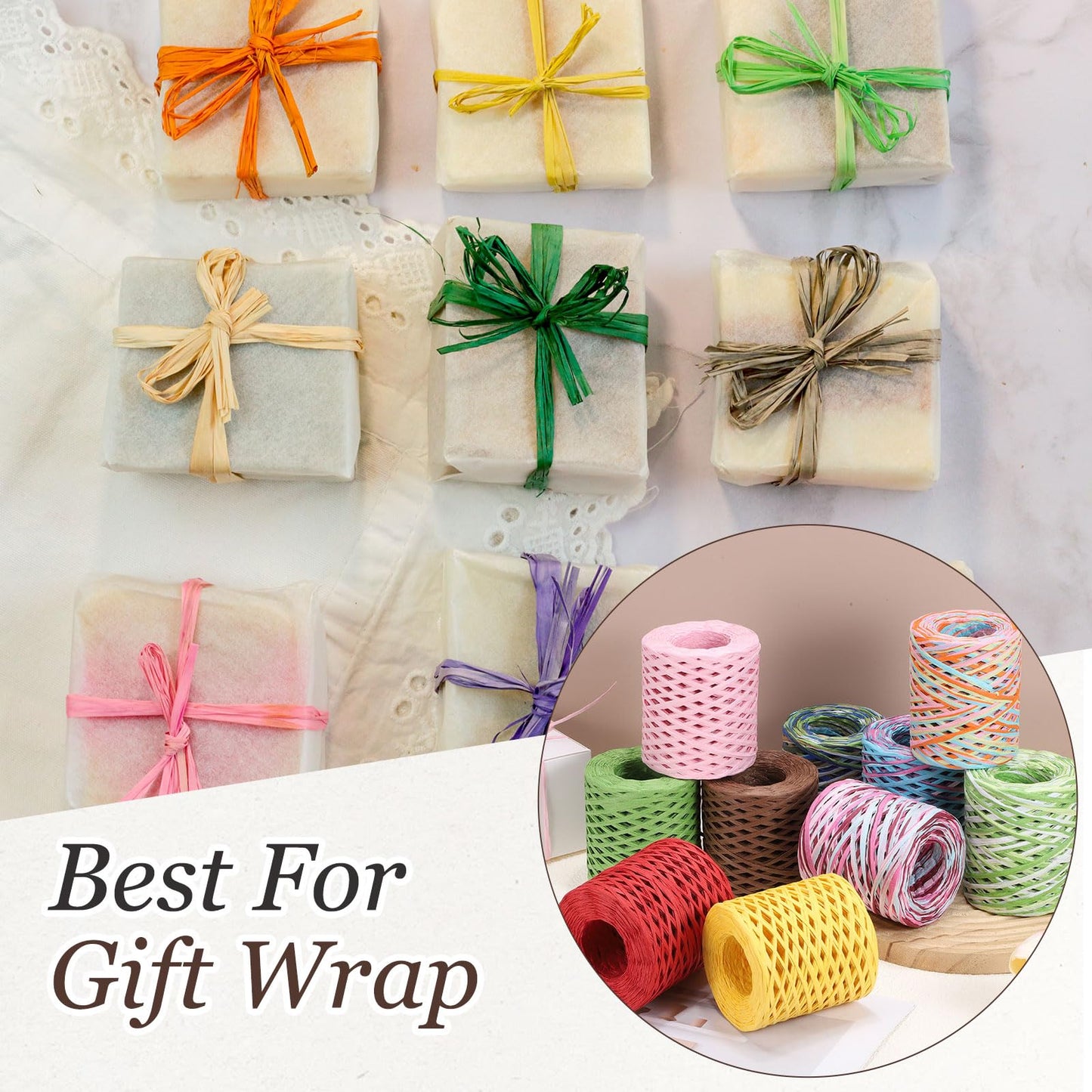 MECCANIXITY Light Yellow Raffia Ribbon, 219 Yard Natural Raffia Paper String 4mm Wide Packing Paper Twine Rope for Gift Wrapping DIY Crafts Crocheting Knitting Holiday Decoration