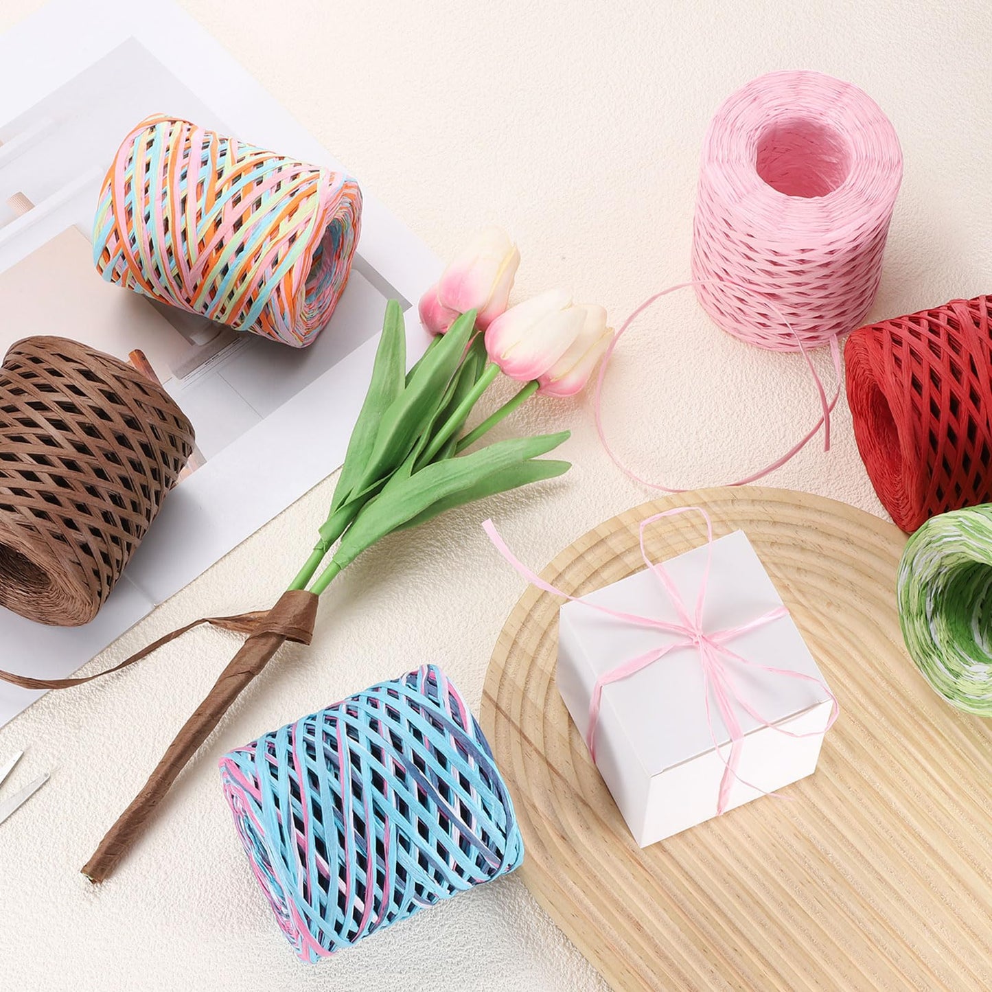 MECCANIXITY Green Raffia Ribbon, 219 Yard Natural Raffia Paper String 4mm Wide Packing Paper Twine Rope for Gift Wrapping DIY Crafts Crocheting Knitting Holiday Decoration