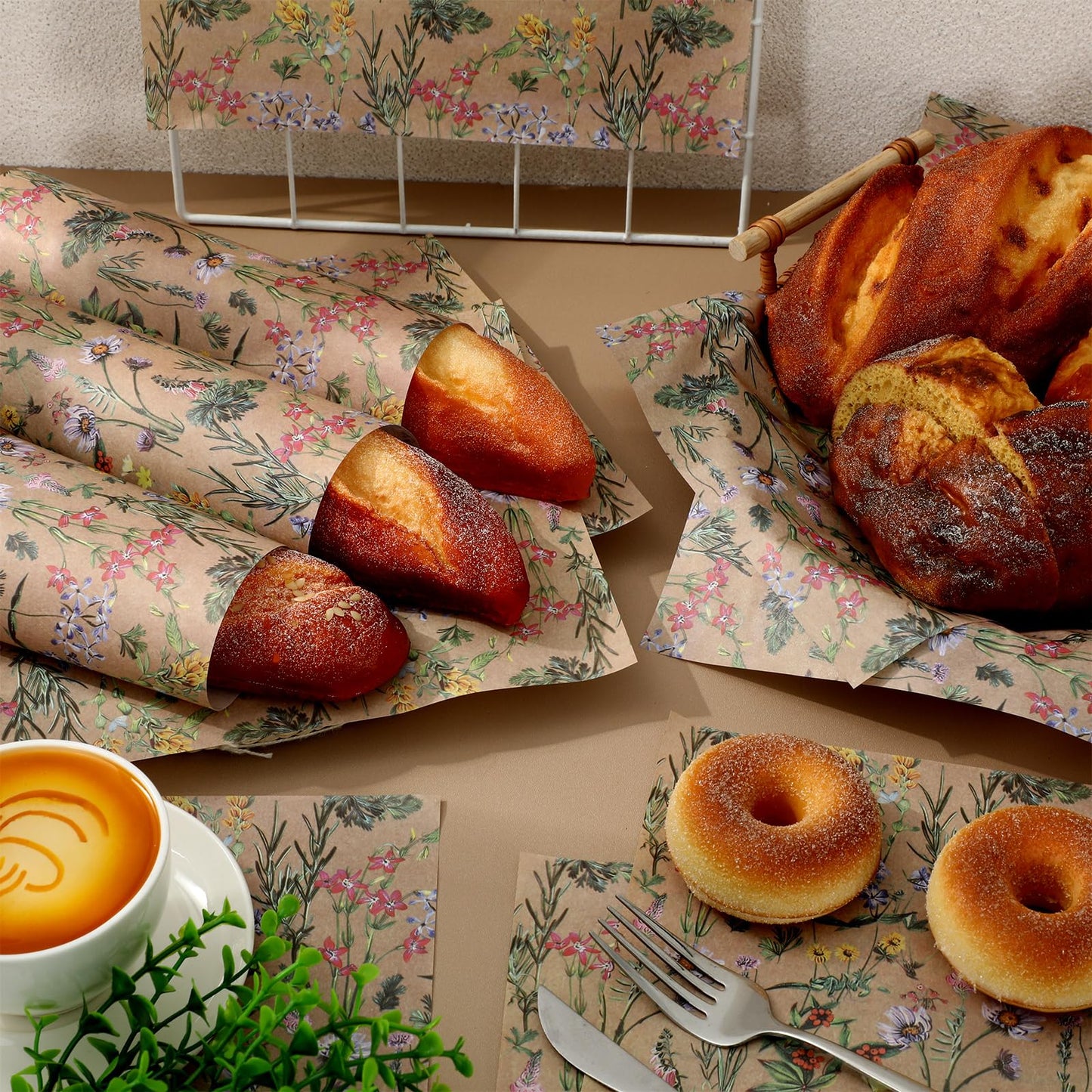 JarThenaAMCS 200 Pcs Wildflower Wax Paper Brown Spring Floral Waterproof Oil-Proof Deli Food Wrap Sheets for Sandwich Picnic Basket Liners Wrappers Home Kitchen Party Supplies 9.8 x 8.3 Inch