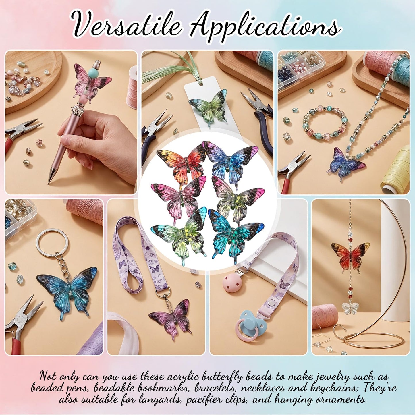 Tondiamo 60 pcs Acrylic Butterfly Beads for Pens Bulk Cute Colorful Transparent Fancy Acrylic Bead for Beaded Pen Necklace Bracelet Charms Keychain Making Jewelry Making DIY Gifts