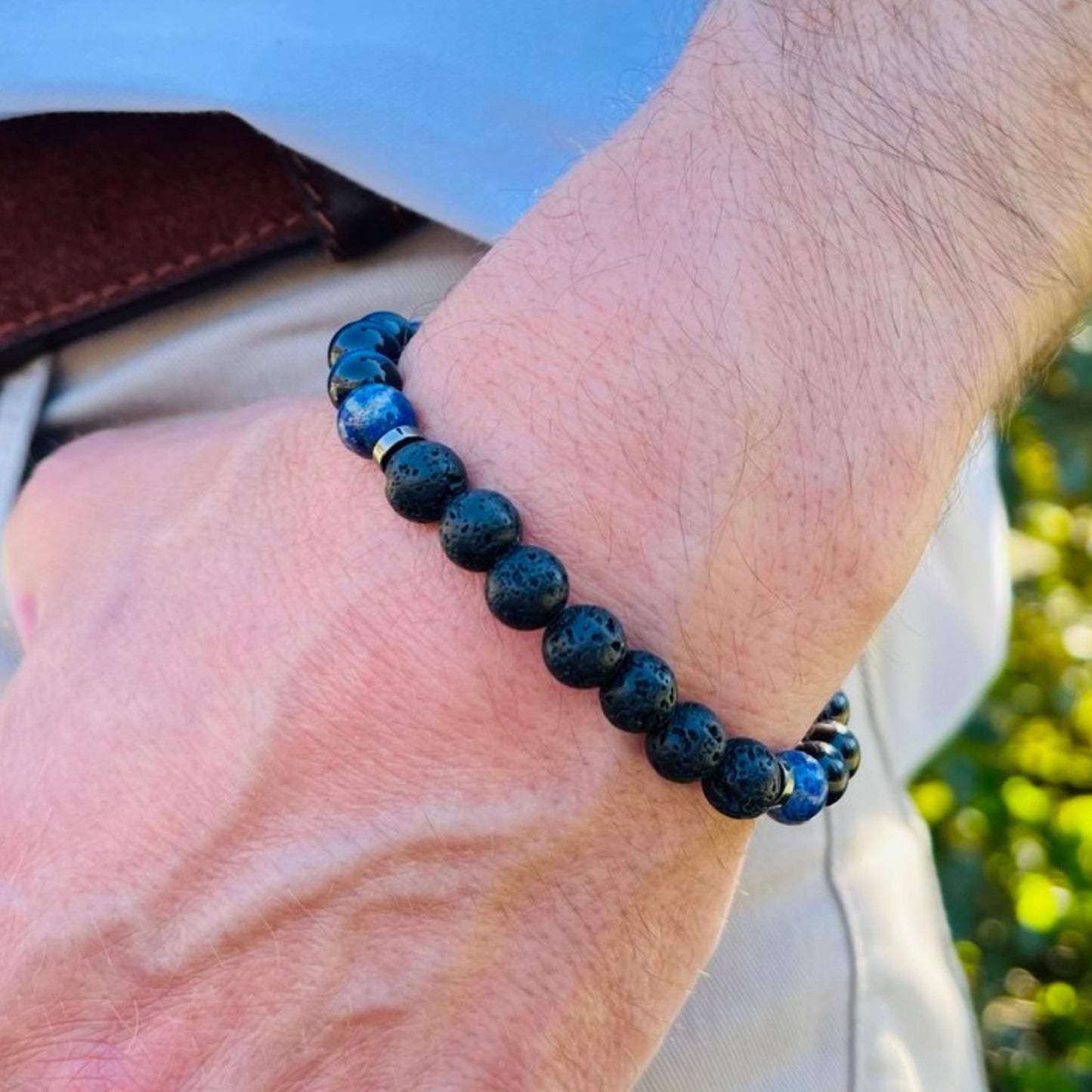 TEJO Natural Stone Beaded Bracelet – Handmade Energy Healing Bracelet for Men & Women, Yoga Chakra Jewelry Gift (Black&Blue, 7.5 inches)