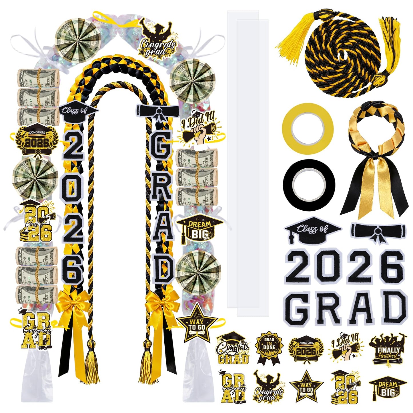 Hamdwerk Candy Leis for Graduation 2026, 36Pcs Graduation Leis Class of 2026, Graduate Ribbon Lei Making Kits with Honor Cord Patches Cards, Black Gold Double Lei Necklace Decorations Graduation Gift