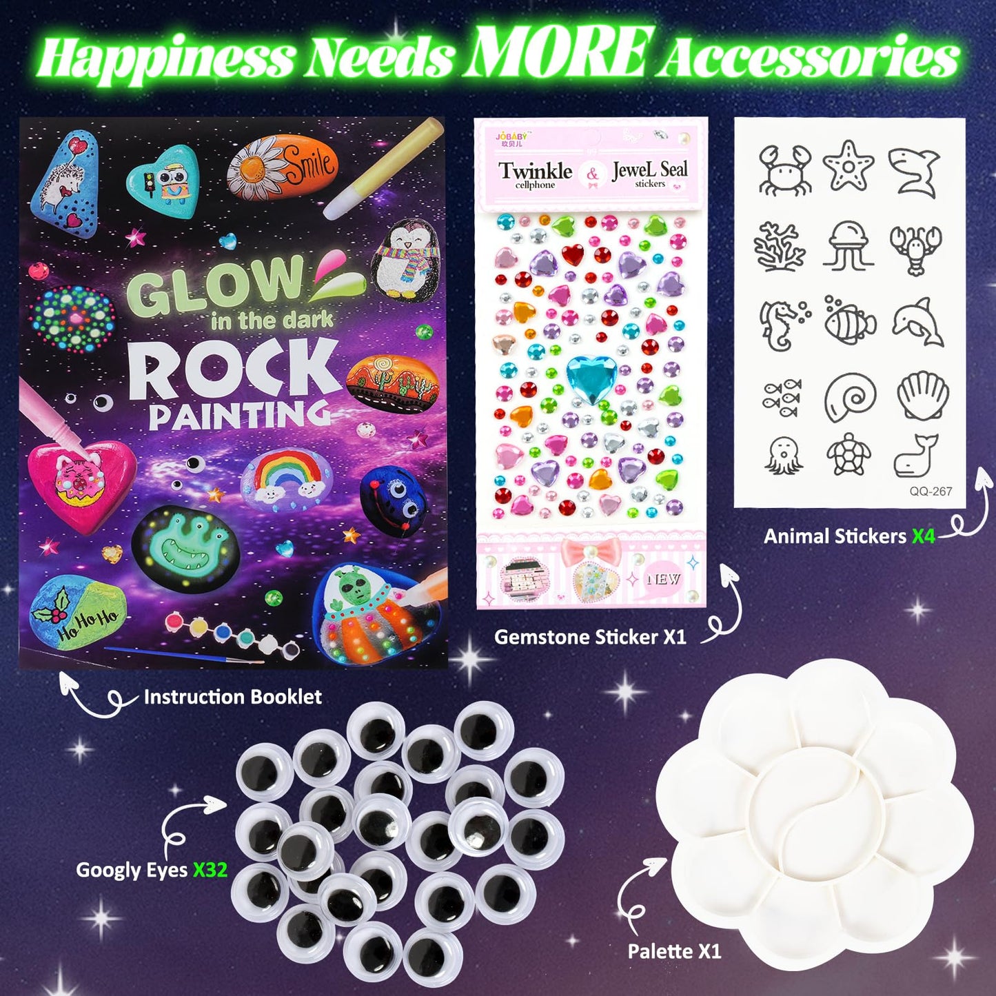 SHENGSEN Glow in The Dark Rock Painting Kit, Rock Art Kit Including 10 Rocks & 10 Stickers for Kids Ages 6-12, Rocks Painting Bulk Stones for Arts & Crafting Gift