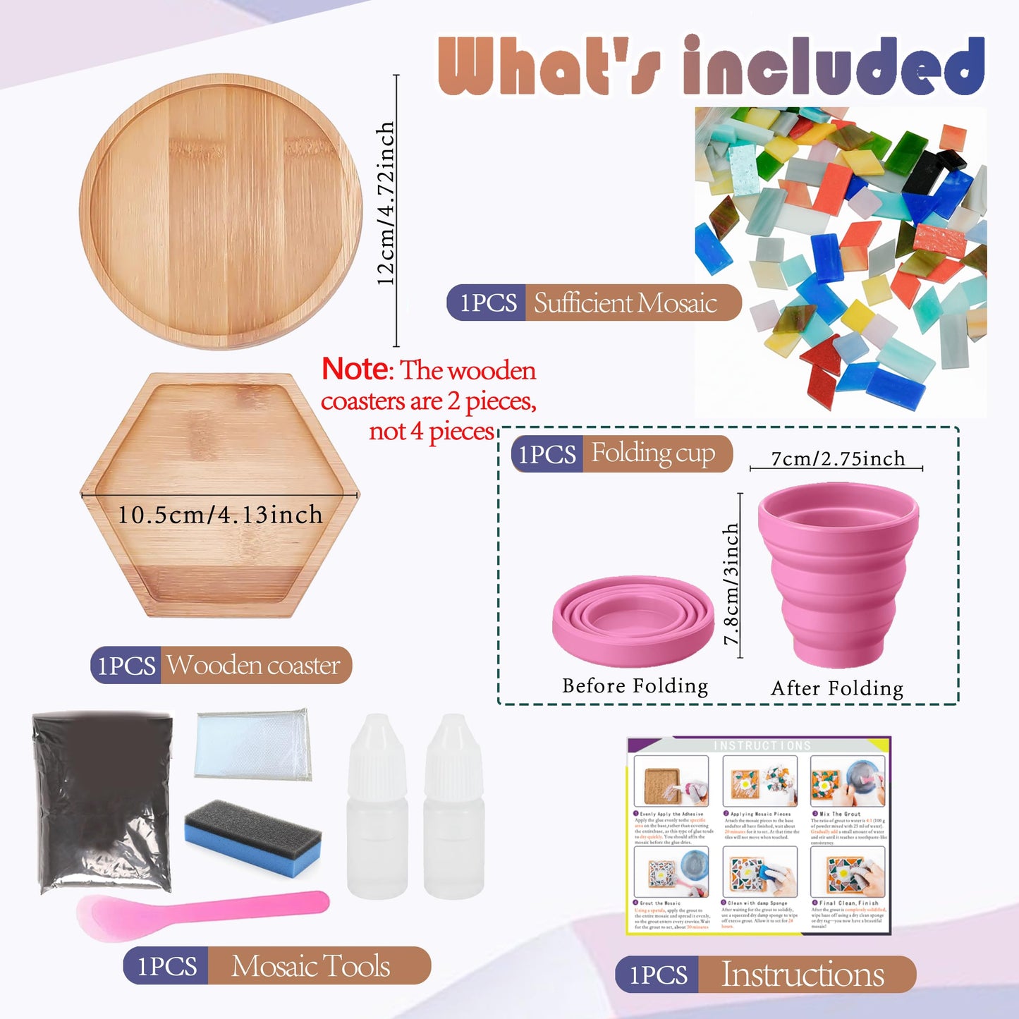 Nuyoach DIY Mosaic Tiles Crafts Kits for Adults, Mixed Stained Glass Mosaic Kit with 2 PCS Wooden Coaster Making Materials Package,Mosaic Adult Crafts for Women Beginners Handmade Home Decor Gifts