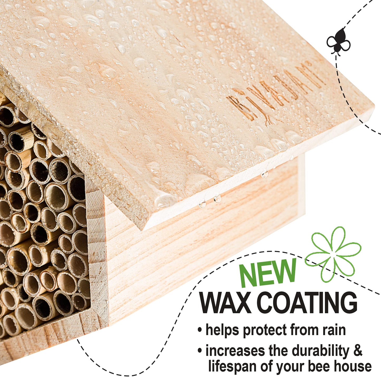 Rivajam Mason Bee House Wax Coated Nesting Bee Box | Refillable Phragmite Reed Mason Bee Tubes Filled Pollinator House | Mason Bee Houses for the Garden
