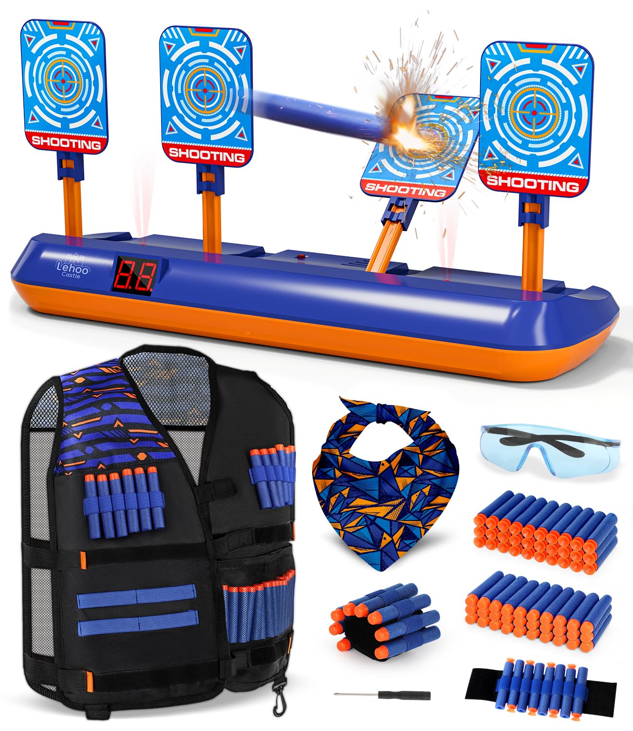 Lehoo Castle Electronic Shooting Targets, Digital Target for Nerf Guns with Auto-Reset, Scoring Shooting Games Includes Kids Tactical Vest, 60 Bullets, Glasses, Gift Toy for Kids Boys Girls