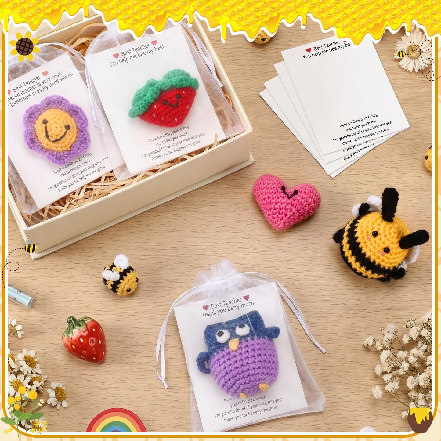 Teyva Daily 5 Sets Teacher Appreciation Gift Handmade Crochet Teacher Gifts for Women Thank You for Helping Me Grow Crochet Doll with Card and Bag for Teachers Appreciation Week End of Year Gift