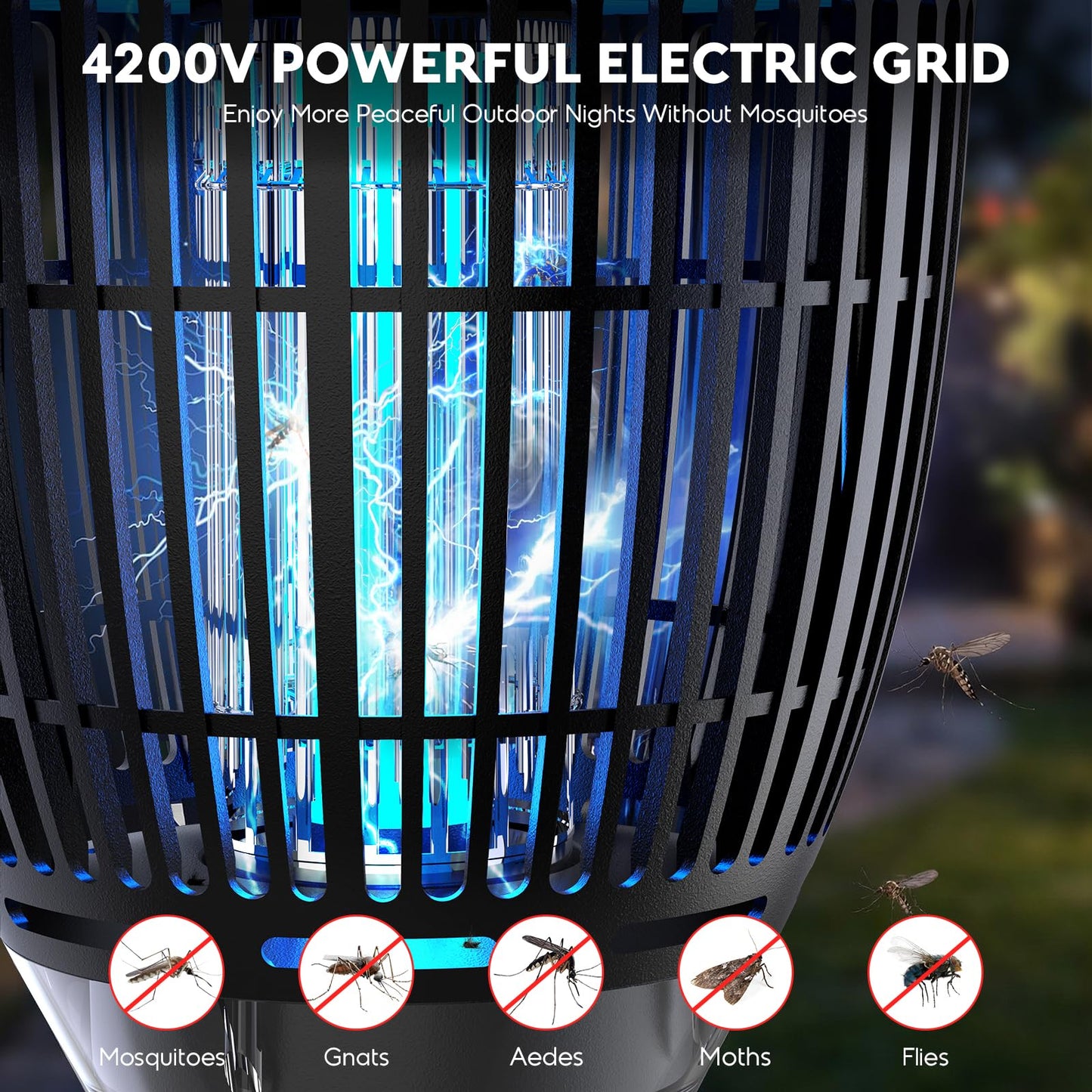 Solar Bug Zapper Outdoor, 4200V 3-in-1 Mosquito Zapper with Flame Light & RGB Projector, Solar Powered & USB Rechargeable, Smart Auto Mode, IP65 Waterproof Mosquito Killer for Yard Garden 2000 Sq Ft