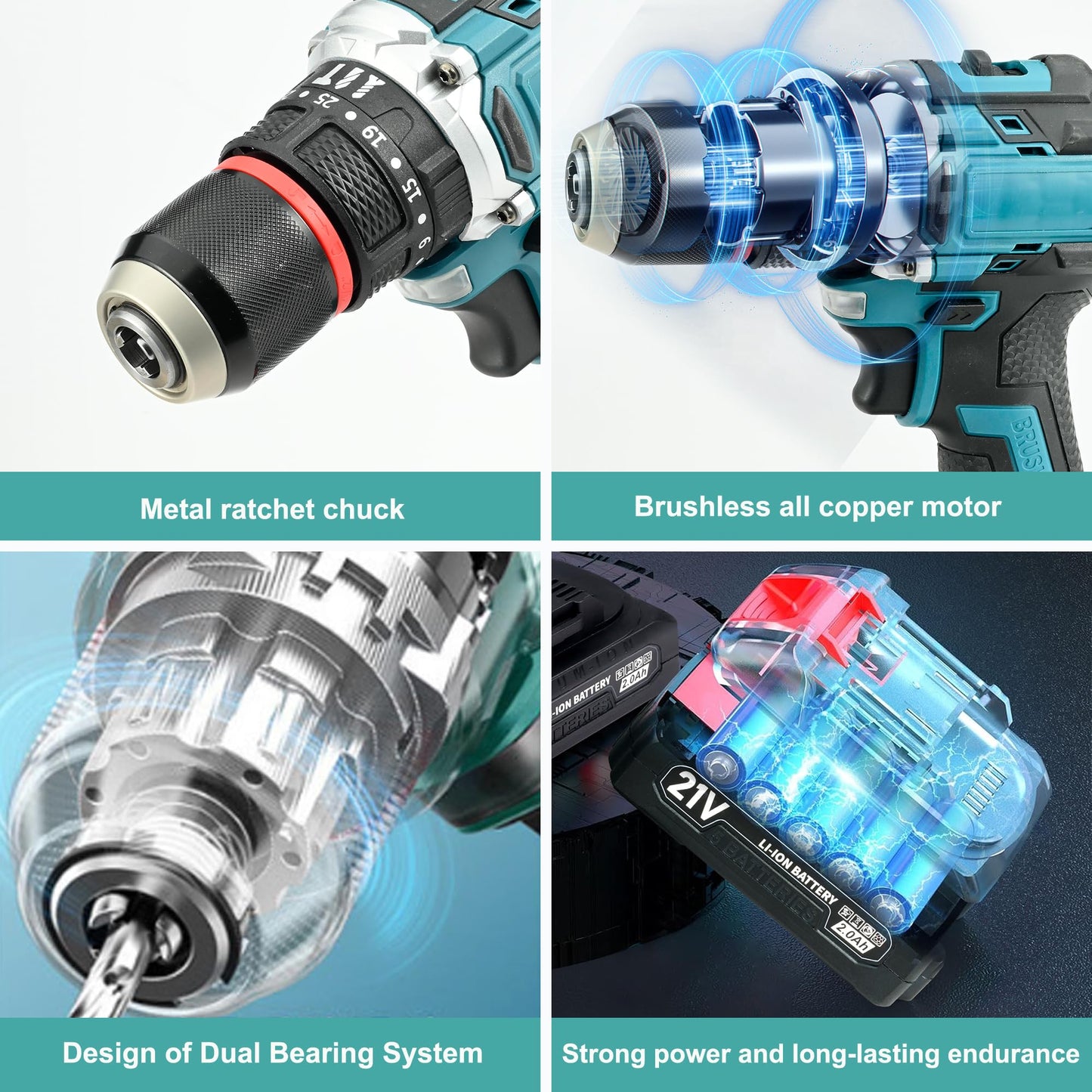21V Max Brushless Cordless Drill Set, 1/2" Metal Chuck Impact Drill with 2x 2.0Ah Batteries & Fast Charger, 550 In-lbs Max Torque, 35+3 Torque Setting, 2-Speed Hammer Drill for Home Projects