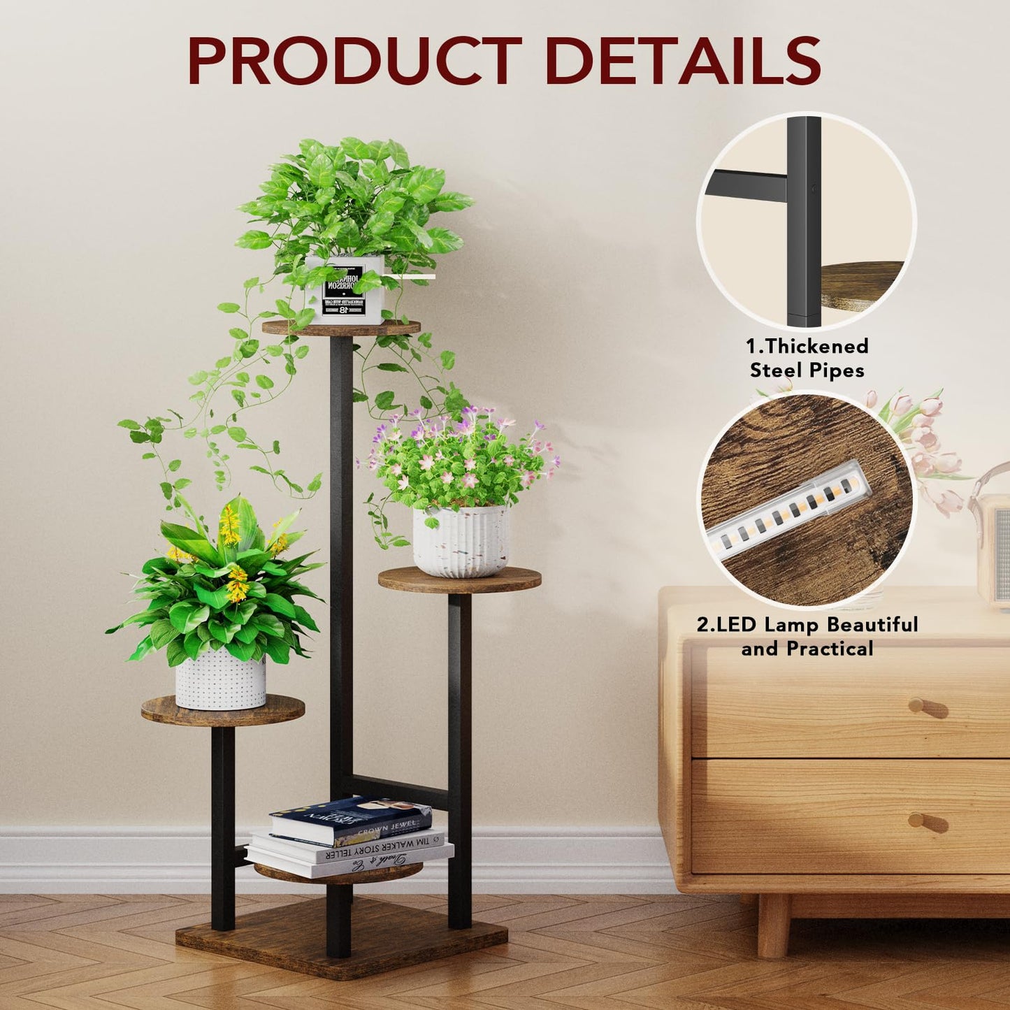Homsorout Plant Stand Indoor with Grow Light,4-Tiered Tall Plant Stand Indoor, Metal Plant Shelf with Adjustable Light, Ideal for Living Room, Garden, Patio (Black Brown)