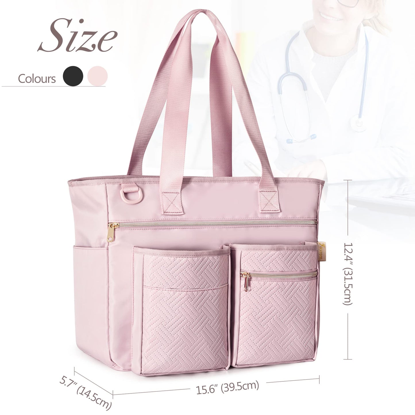 Fasrom Nurse Tote Bag for Work Nurses with Laptop Sleeve, Home Health Clinical Bag for Nursing Students and Medical Assistant, Pink (Patent Pending)