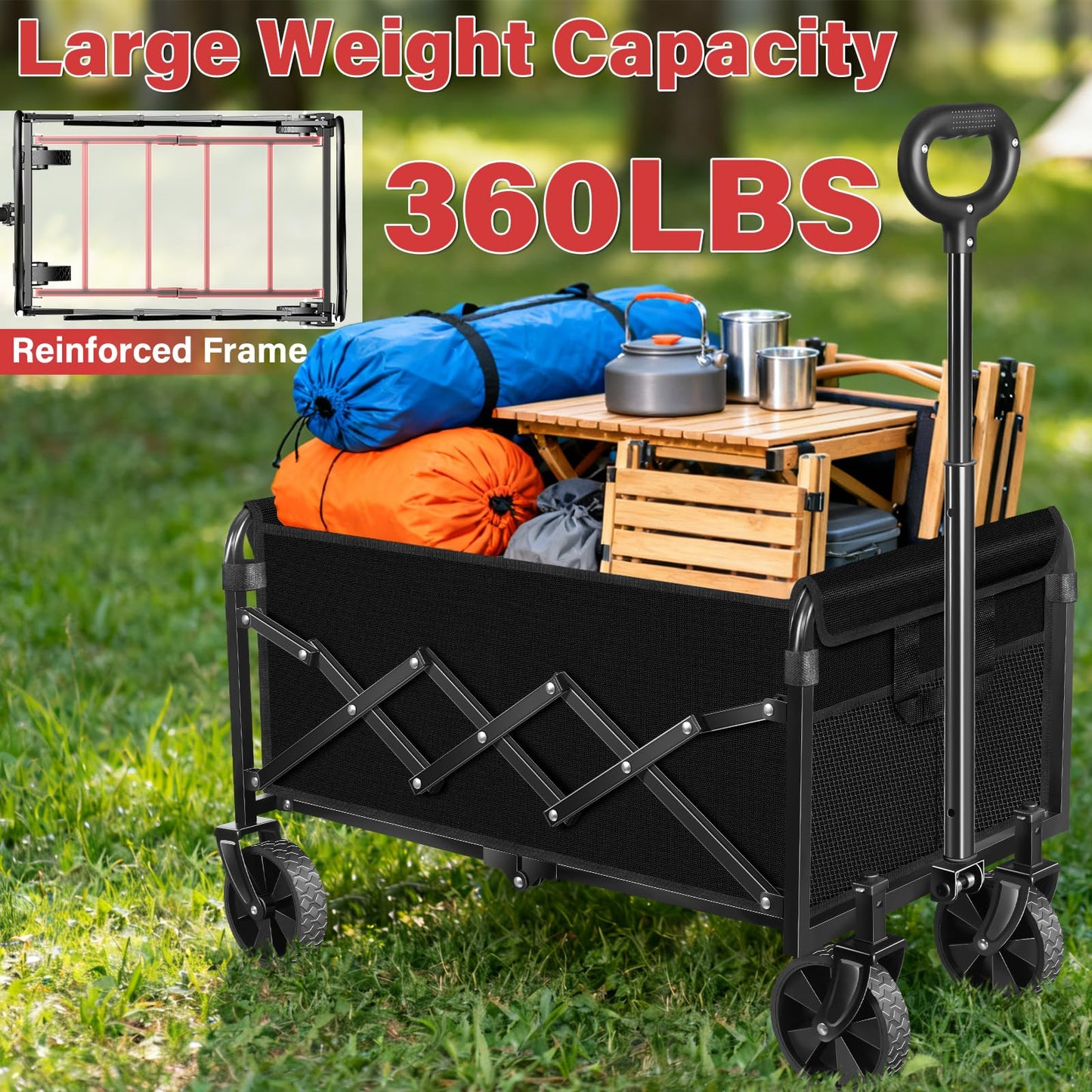 Collapsible Folding Utility Wagon Cart with Wheels, 360 Lbs Heavy Duty Outdoor Foldable Wagon with Adjustable Handle, 2 Drink Holders, Portable Wagon for Groceries, Garden, Beach, Camping, Shopping