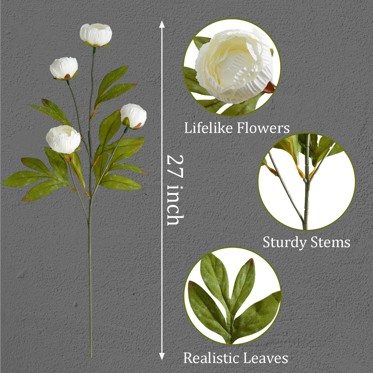 Cherica 6Pcs Viral Peony Artificial Flowers for Vase，27in Real Touch Fake Flowers Branches with Flexible Wired Stems for Home Decor DIY Bouquet Centerpieces Wedding Shower Fillers Arrangements,White