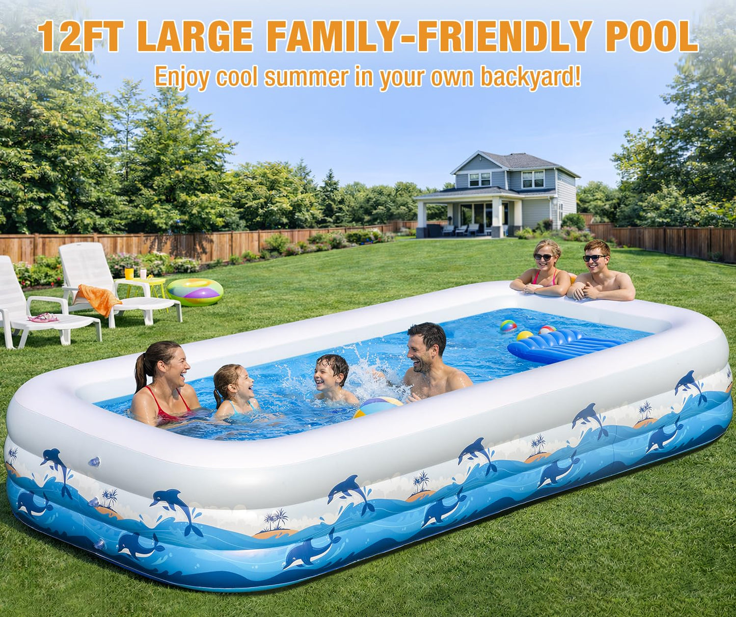 Extra Large Inflatable Pool with Lights - 145" x 74" x 22" Swimming Pool for Adults with Solar Powered, Blow Up Pool for Backyard (Air Pump Not Included)