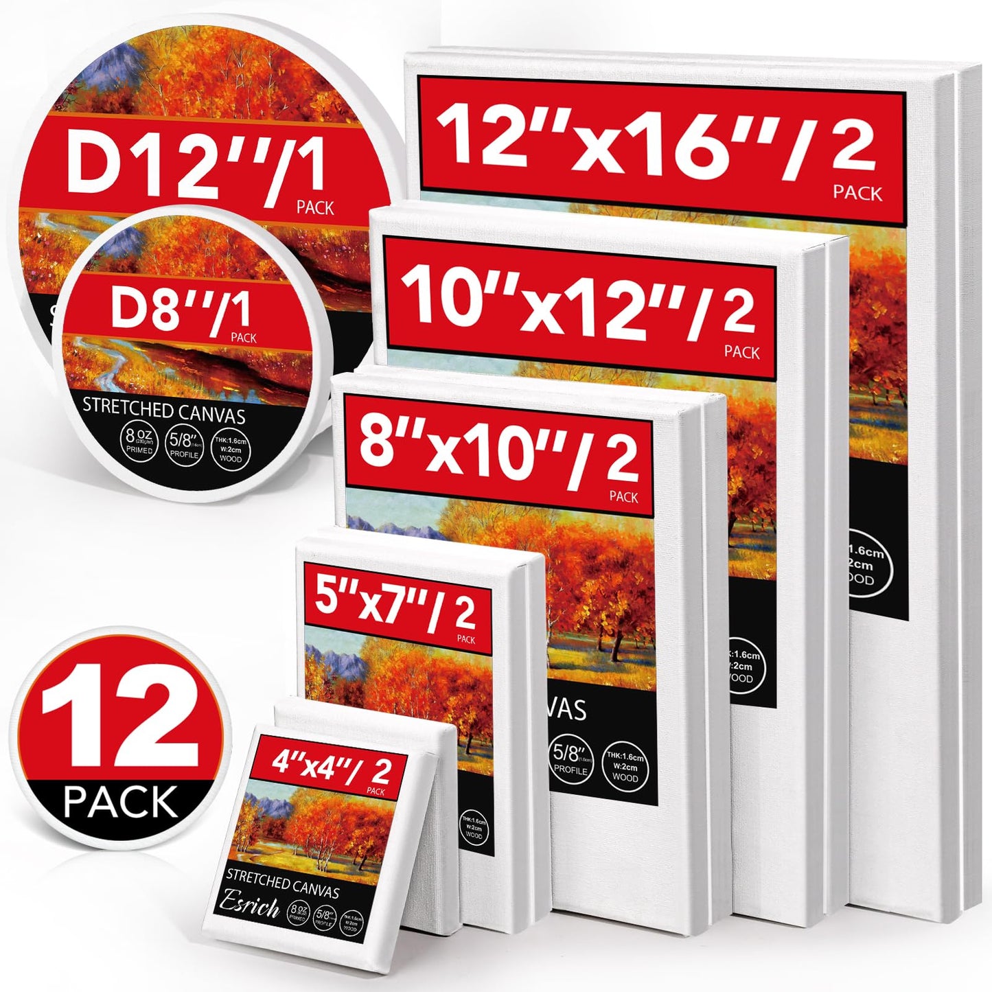 ESRICH 12 Pack Stretched Canvas for Painting, 4x4, 5x7, 8x10, 10x12, 12x16(2 of Each), Round Canvas with 8x8, 12x12(1 of Each), Blank Canvases Primed Paint Canvas for Beginners, Artists.