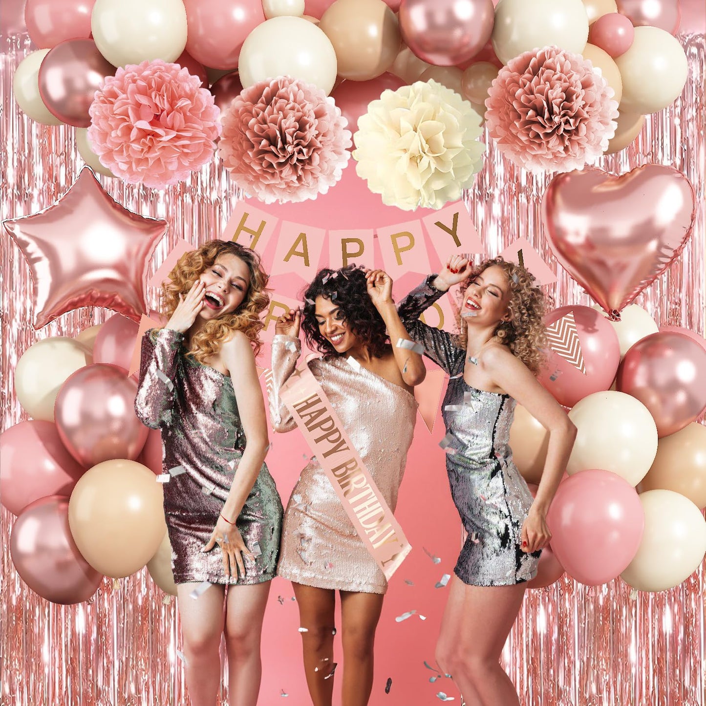Blush Pink Birthday Decorations, Rose Gold Nude Party Décor with Foil & Latex Balloons Sash Fringe Curtains Happy Birthday Banner Cake Topper Paper Pompoms Party Decor for Women Girl