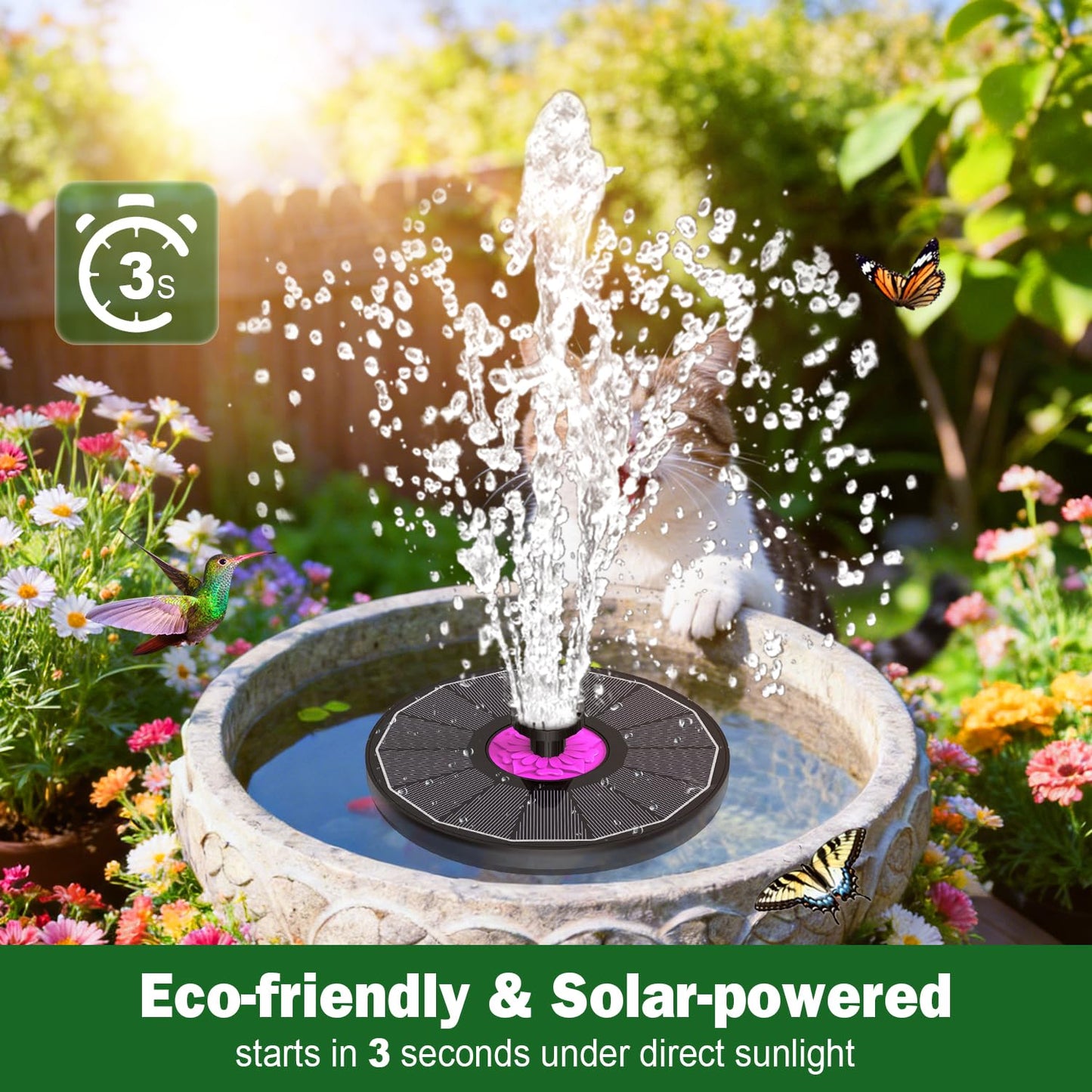 SZMP Powerful 3.5W Anti-Drift Solar Fountain for Bird Bath, Solar Powered Water Pump with 7 Nozzles, Bird Bath Fountain for Garden, Pool, Pond – Attracts Hummingbirds (Black)