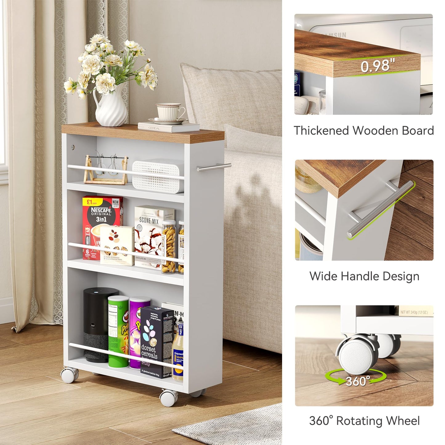 LITTLE TREE 4 Tier Rolling Cart with Wheels, 6.3 Inch Slim Storage Cart, Wooden Snack Cart with Narrow Shelf, White Laundry Room and Bathroom Organizer Shelves
