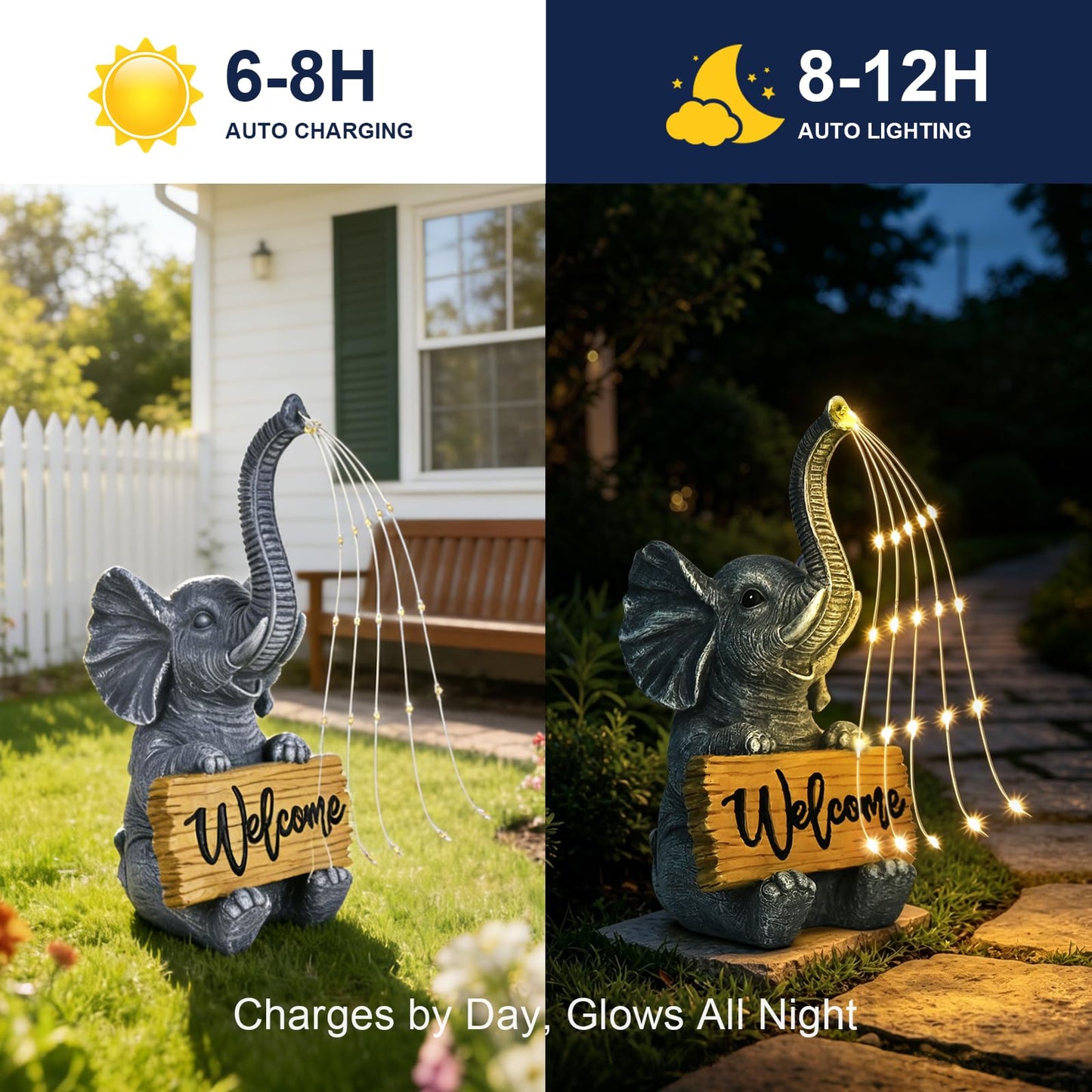 KVR Solar Elephant Statue with Welcome Sign, Outdoor Garden Decor with Warm White Steady-On String Lights, Waterproof Resin Figurine for Front Porch, Patio, Yard, Housewarming Gift