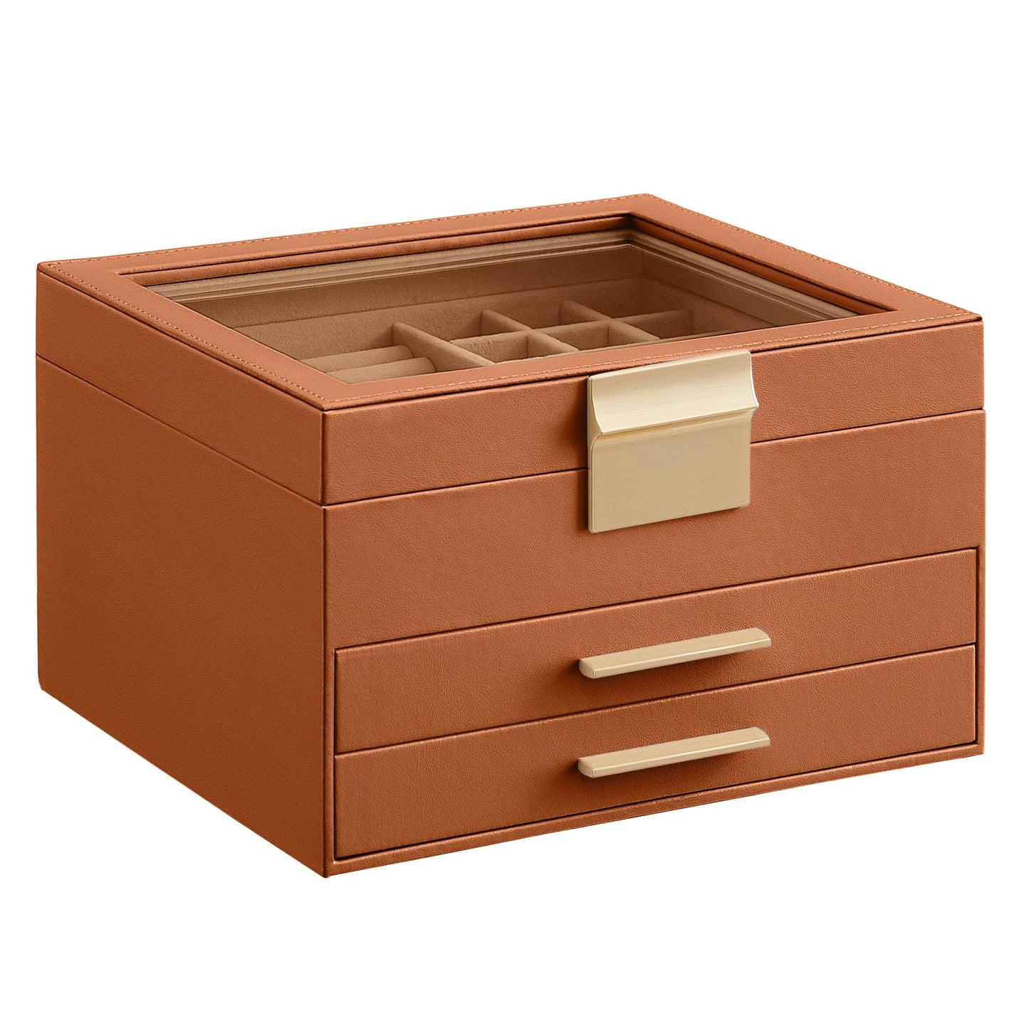 SONGMICS GISELLA Collection - Jewelry Box Organizer, 3-Layer Jewelry Storage with 2 Drawers, Shiny Metal Hardware, Glass Lid, Modern, 8 x 9.1 x 5.3 Inches, Caramel Brown and Gold Color UJBC239K01