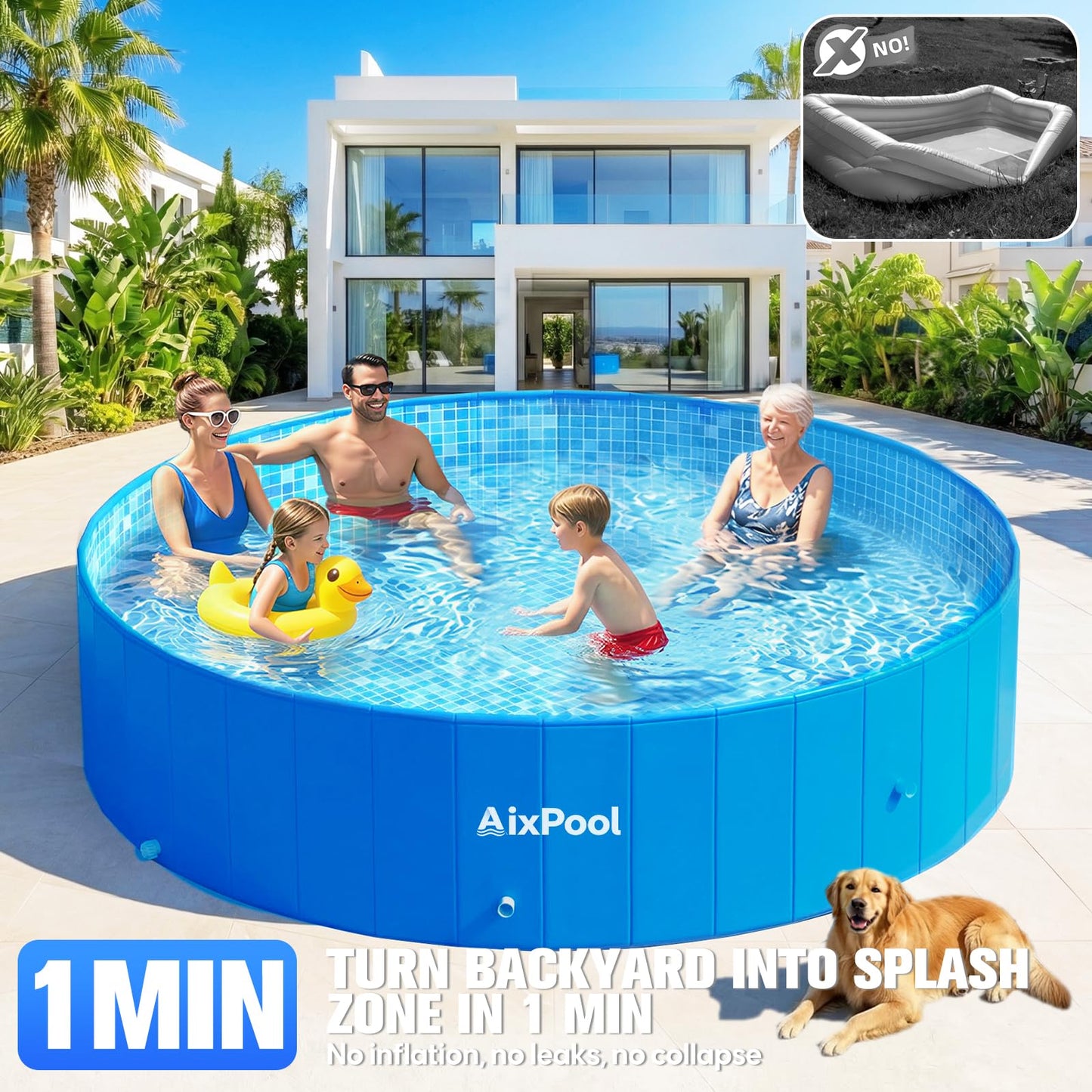 AixPool 2026 Large Foldable Pool,Non-Inflatable Pool for Adult,Foldable Swimming Pool,Plastic Kiddie Portable Pool,Collapsible Kid Pool for Backyard,Oversized Easy Setup Family Pool for Adult,7.5FT