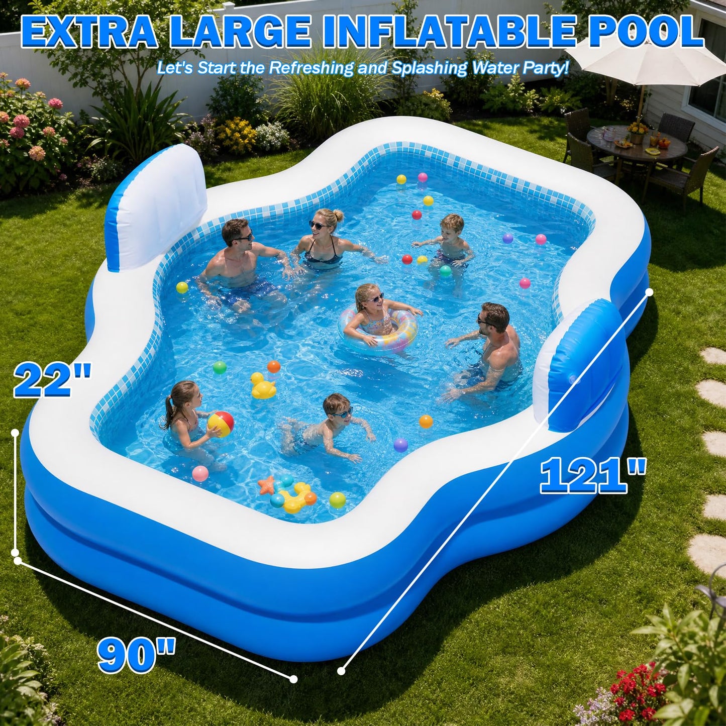ALSTU Extra Large Inflatable Pool with Pump, 121" X 90" X 22" Full-Sized Blow Up Pool with Seats for Adults, Family Inflatable Swimming Pool for Summer Water Party Backyard Garden Lawn