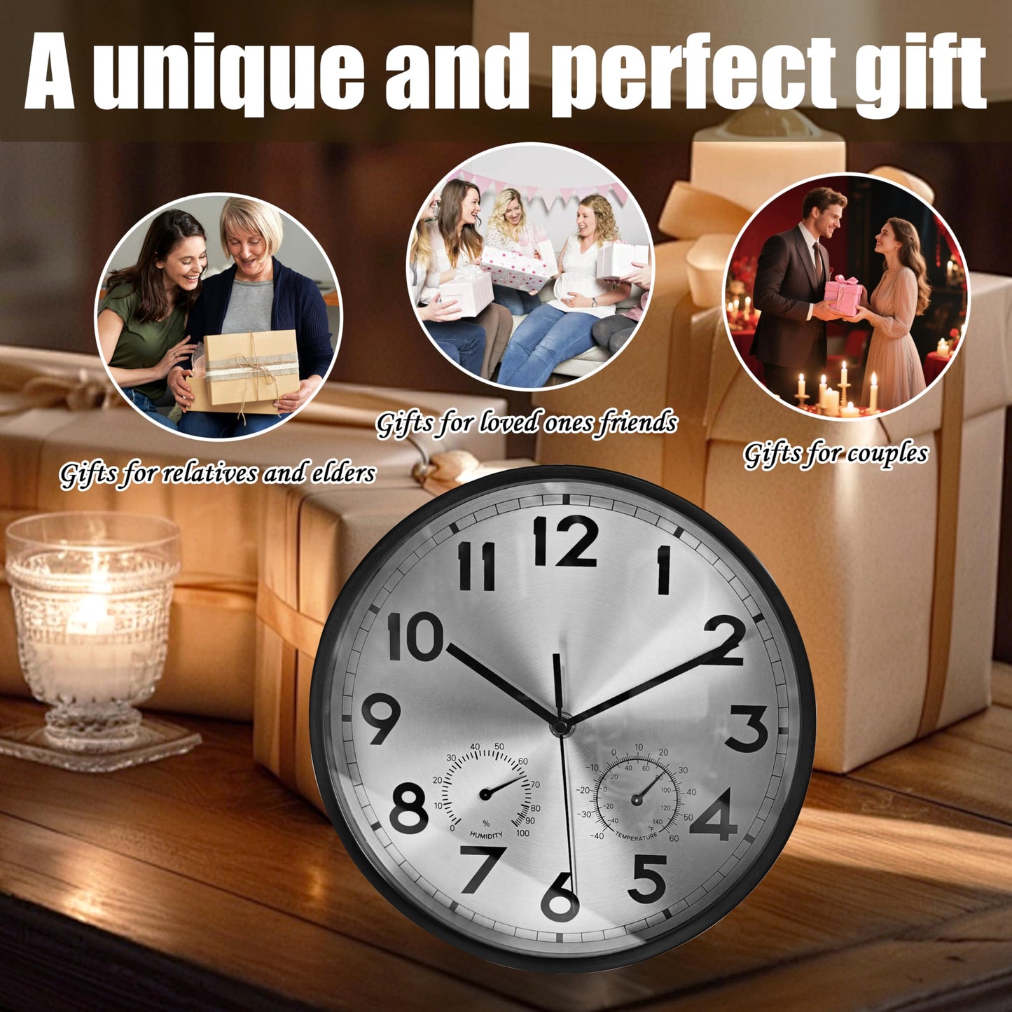 VIOYOUNS 10 Inch Indoor Clock with Temperature and Humidity, Waterproof and Silent, Large Easy-to-Read Numbers, Ideal for Bedroom,Office,Living Room,Porch,Garden,Pool(Silver)