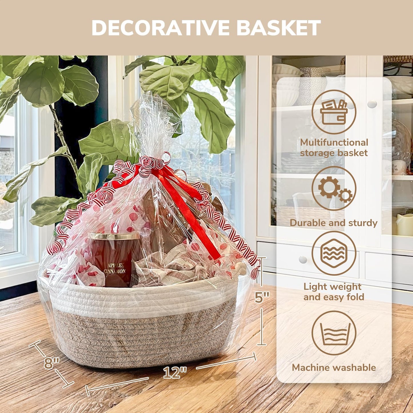 CHICVITA Gift Basket Empty to Fill, Mothers Day Basket, Small Basket with Bags & Ribbon, Dog Toy Storage, 12"x 8"x 5", Brown