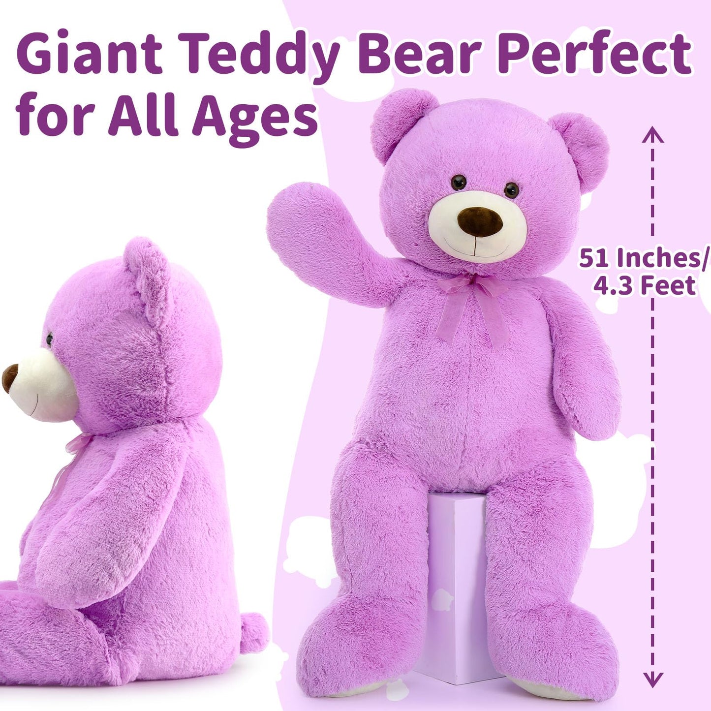 MorisMos Giant Teddy Bear Stuffed Animal 4 Feet, 51'' Large Stuffed Bear for Girlfriend Boyfriend Wife Mom Fiancée Valentine's Gift, Big Bear Plush for Baby Shower Christmas Birthday,Purple