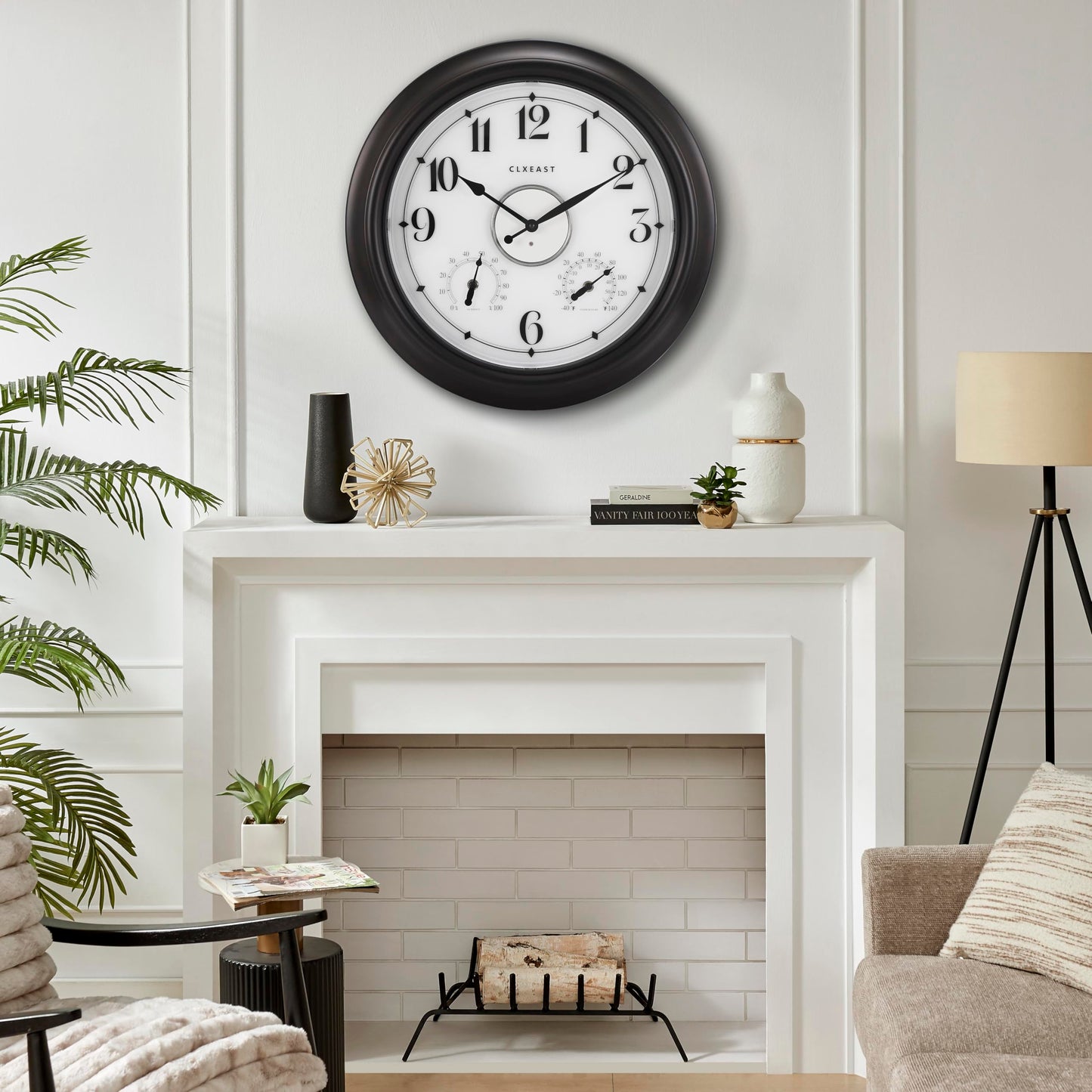 CLXEAST Illuminated Indoor Outdoor Clocks Waterproof 18 inch with Smart Night Light Sensor,Large Wall Clock with Thermometer & Hygrometer,Oil Rubbed Bronze Black,Spring Outdoor Decor