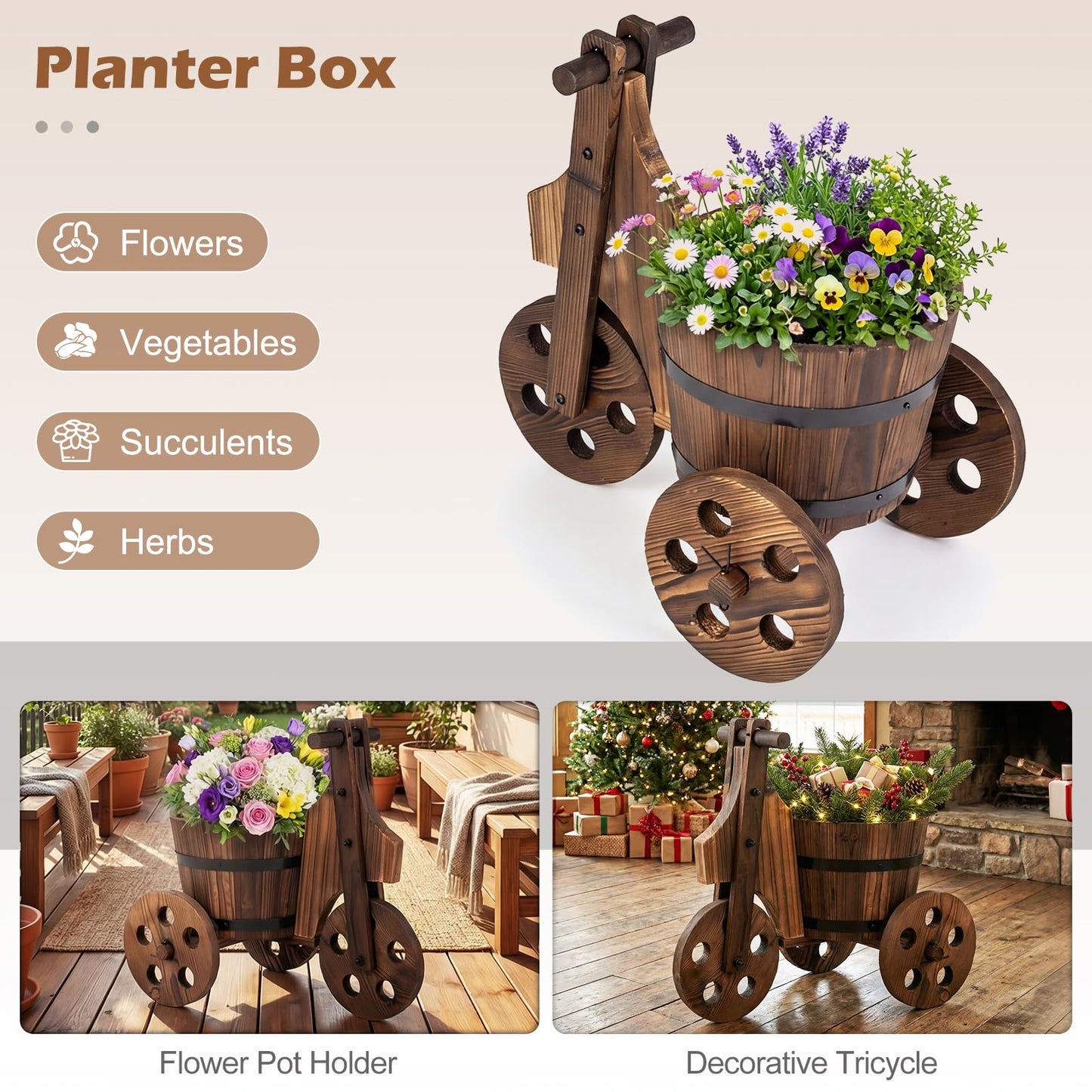 HAPPYGRILL Wooden Wagon Planter, Rustic Wood Wheelbarrow Planter w/3 Wheels,Drainage Hole & Storage Box for Growing Vegetables Herbs, Indoor Outdoor Flower Pot Cart for Patio Balcony Garden Decor (1)