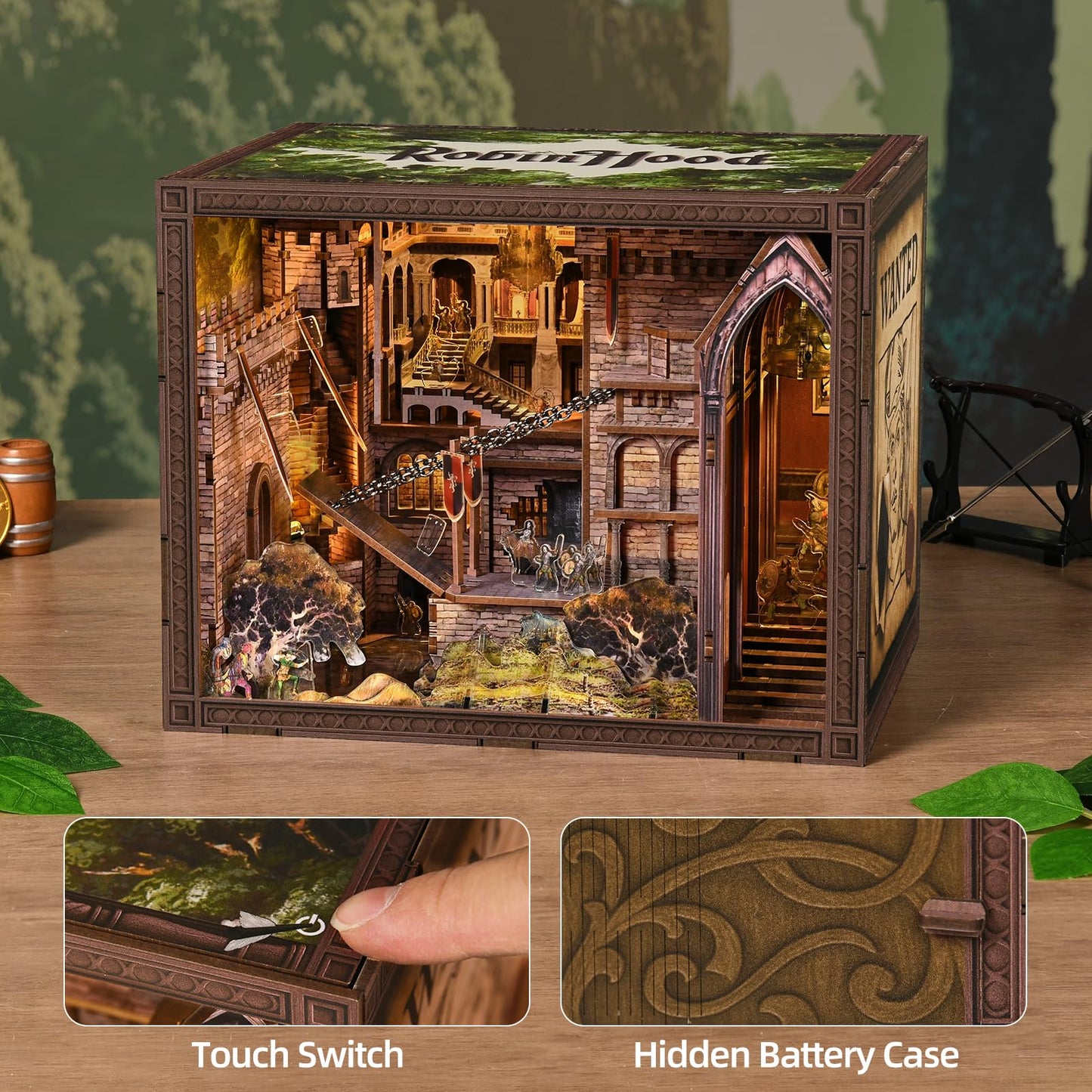 MiniCity DIY Book Nook Kit - Easy DIY Wooden Miniature Kit with LED Lights, Tools & Dustcover for 15+ (Robin Hood)