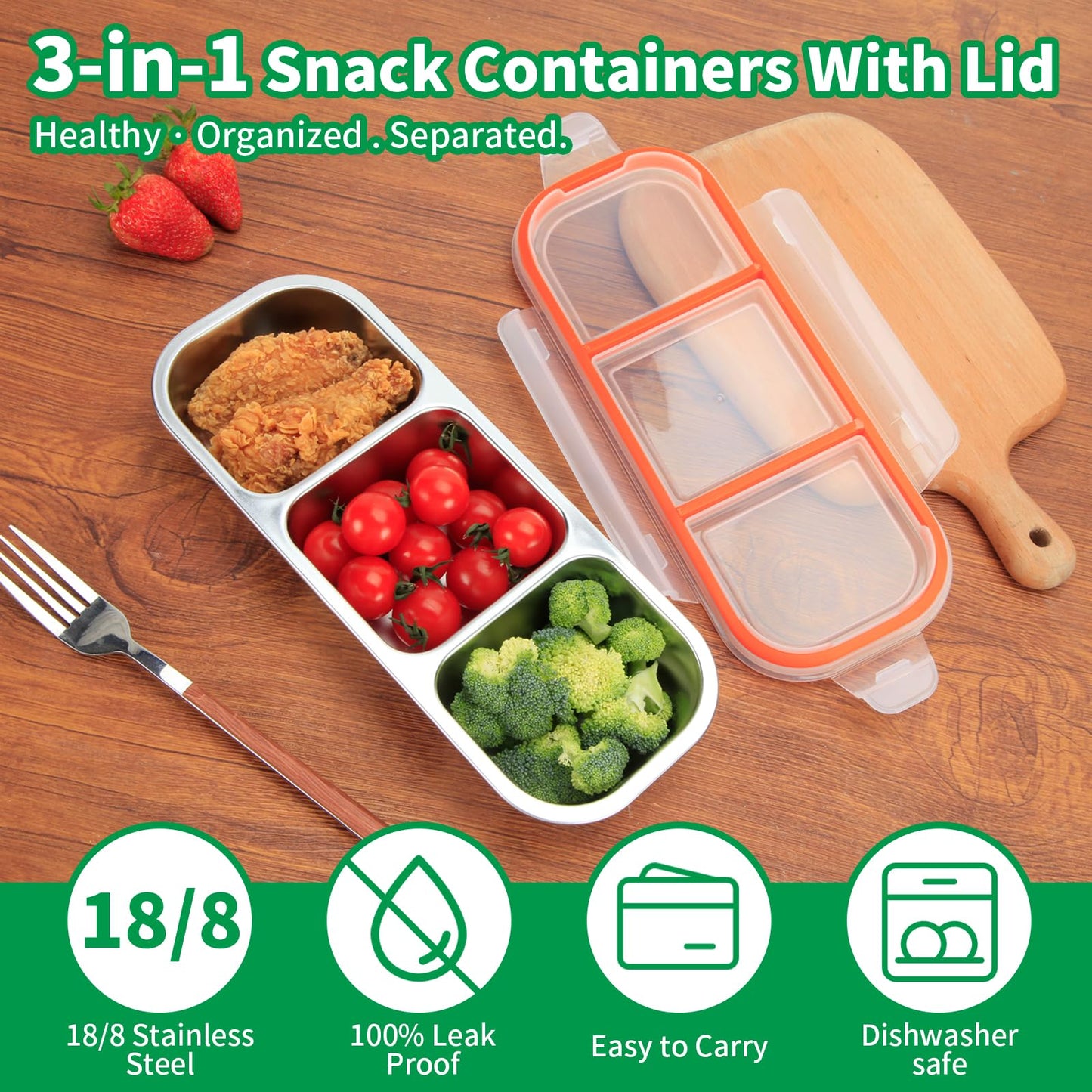 HSXMN Stainless Steel Snack Containers, 3-Compartment Metal Snackle Box for Kids & Adults, Clear Reusable Condiment Box with Lids, Divided Food Storage Container for School, Work, Home & Travel