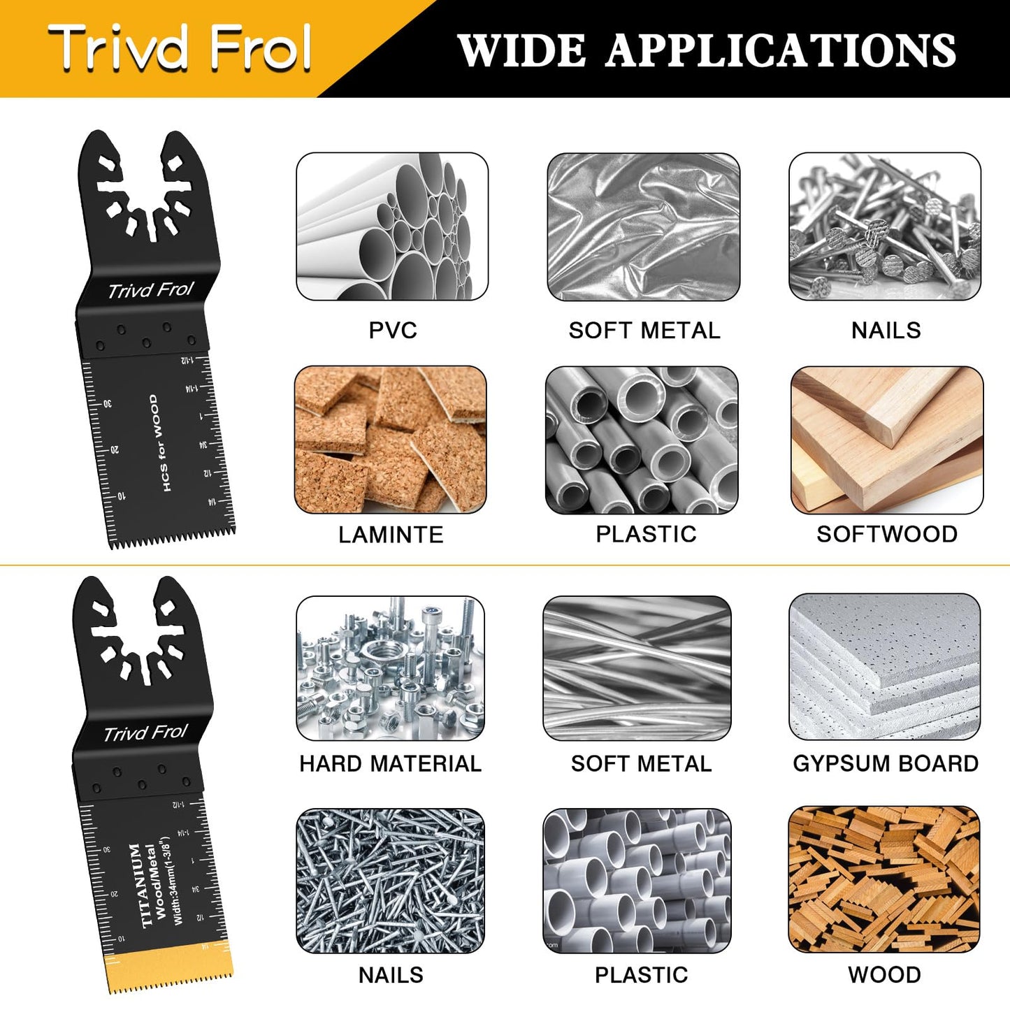 Trivd Frol 100PCS Oscillating Saw Blades, Professional Universal Titanium Multitool Blades for Wood Plastics Metal, Quick Release Multi Tool Blades Kits Fit Dewalt Ryobi Milwaukee Rockwell Fein