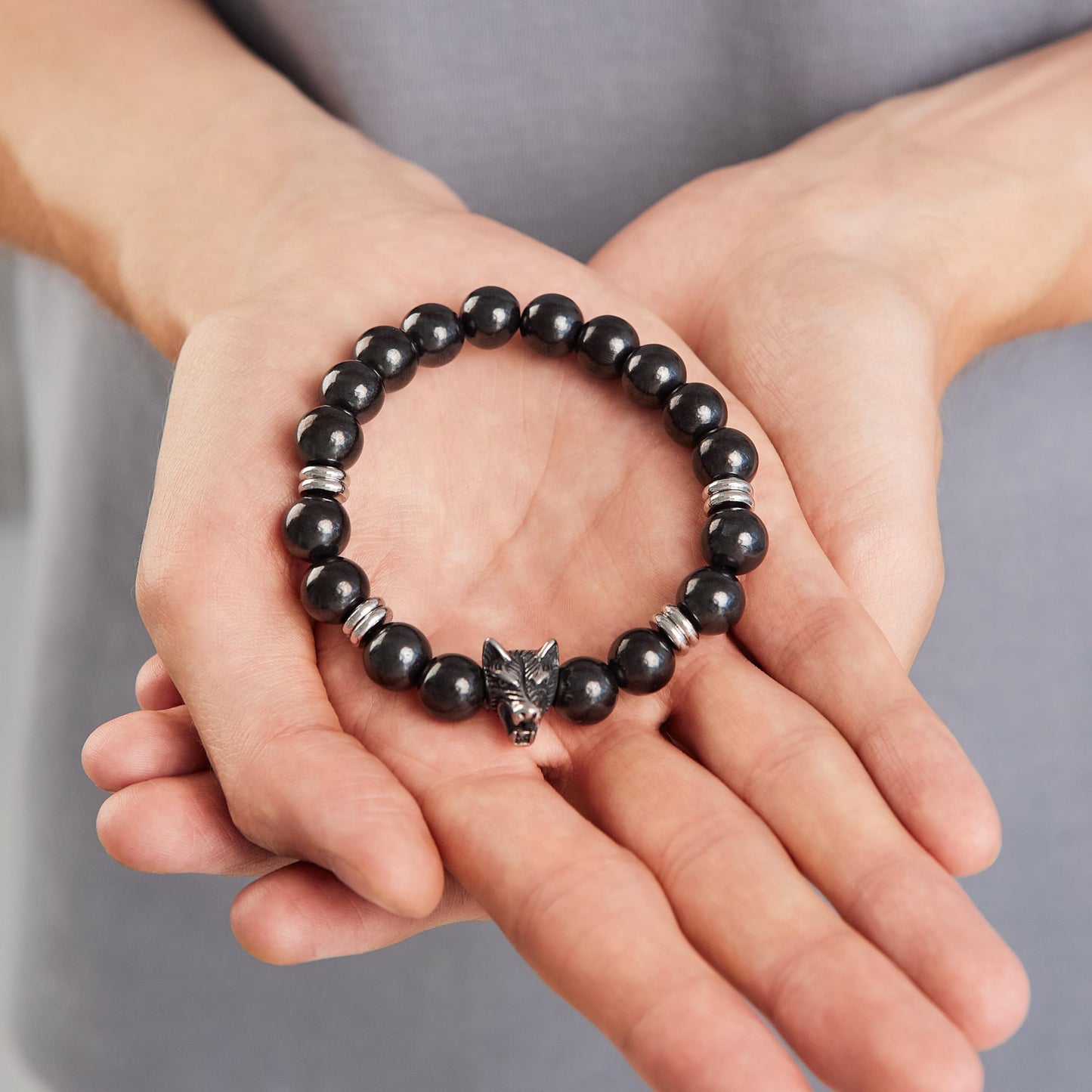 Karelian Heritage Shungite Stone Beaded Bracelet, Handmade for Men, Natural Stones and 7.3 Inch Elastic Stretch Band, Spiritual Chakra Crystal Healing Jewelry (Shungite & Wolf Charm)