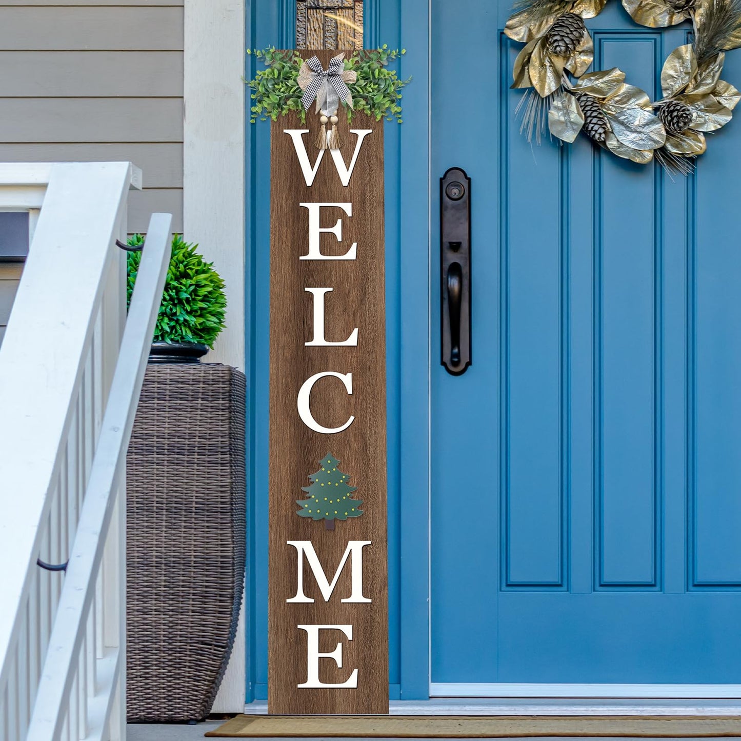 SRSZHIYUE Interchangeable Welcome Sign for Front Door Standing 47"X8" with 12 Pcs Designed Icons Outdoor Front Porch Tall Garden Patio Signs Large Vertical Leaner Vertical Wood Frame Outside Decor (Wood)