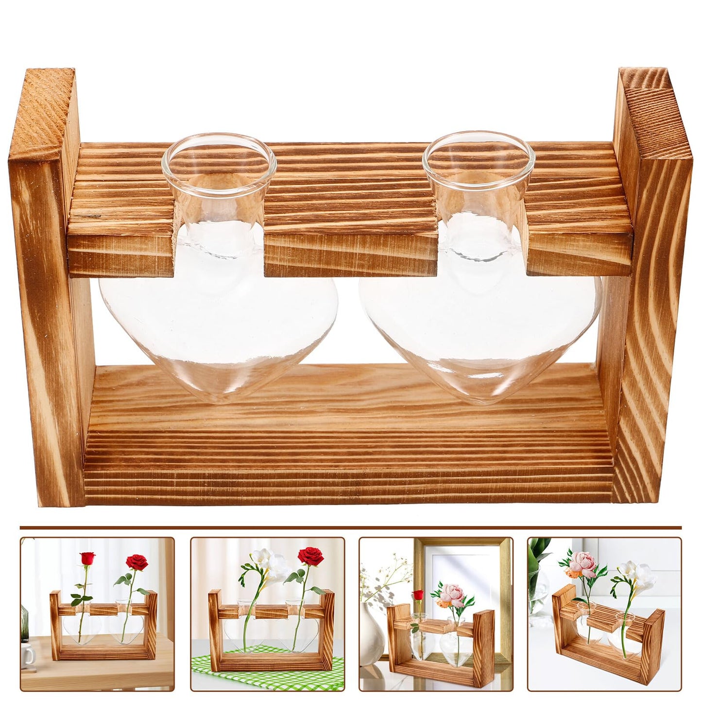 GLSTOY Glass Hydroponic Planter Vase with Wooden Stand, Heart-Shaped Glass Terrarium for Indoor Plants, Desktop Flower Pot for Home and Office Décor